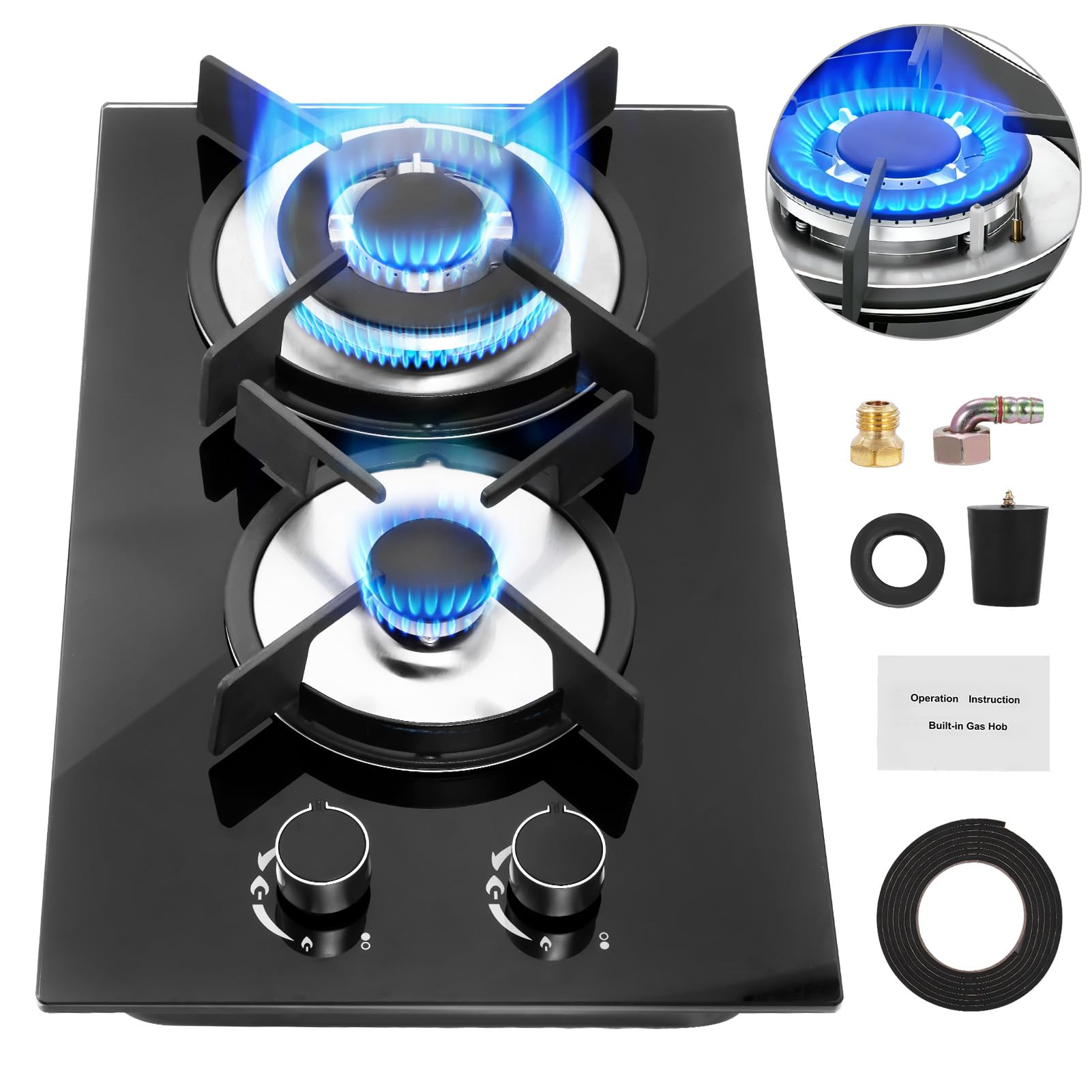 5050W Gas Hob 2 Burners, NG/LPG Convertible Induction Hob, 51cm Built-in Tempered Glass Panel, Electronic Lgnition + Flame Failure Protection (Black) - 1