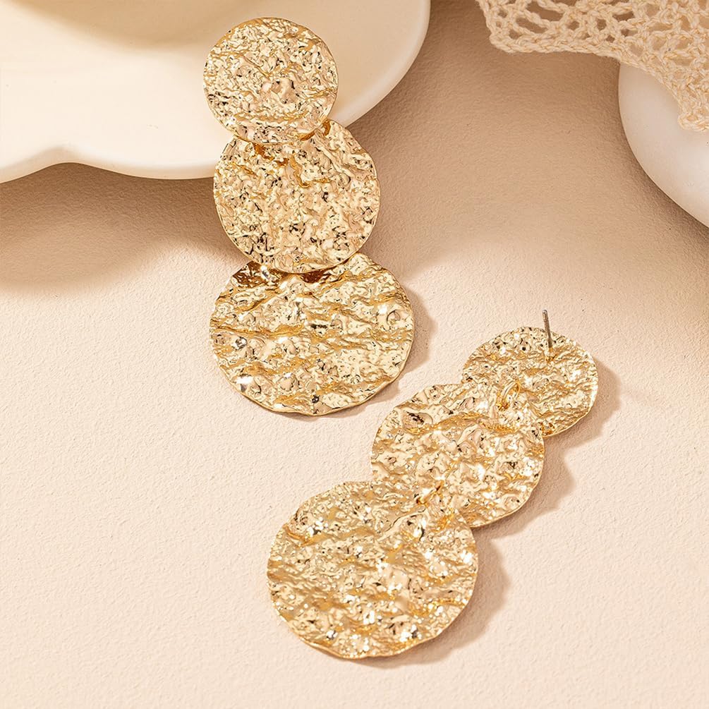Gold Chunky Hammered Plated Disc Dangle Drop Earrings for Women, Statement Vintage Silver Geometric Circle Dangling Earring Trendy Party Jewelry Gifts - Image 4