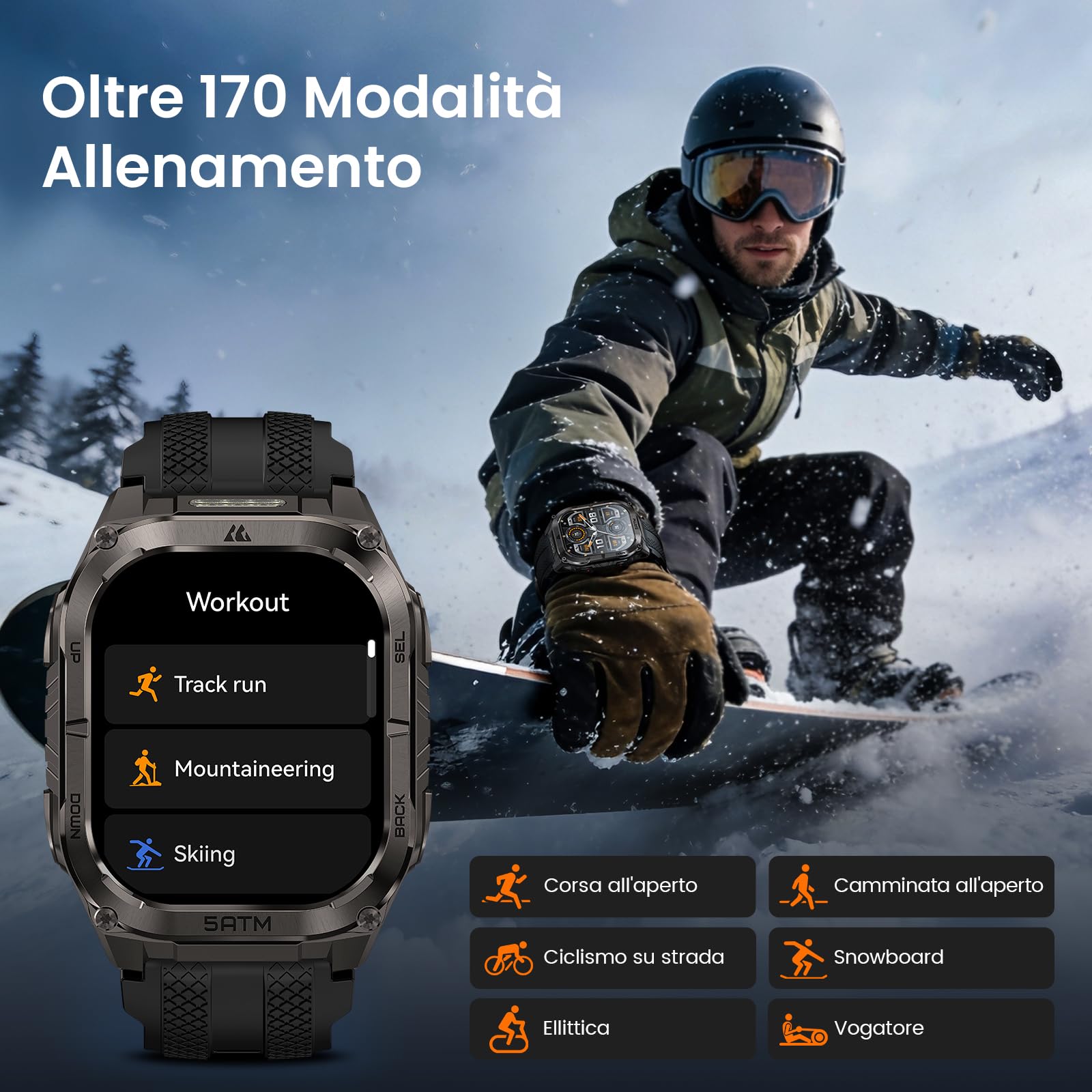 KOSPET Tank M4C Smartwatch Uomo Rugged con Torcia Integrata, 5 ATM & IP69K | GPS a 6 Satelliti, Batteria 15 Giorni, Monitor Salute 24/7, 170+ Modalità Sportive, Compatibile con Android & iPhone, Nero