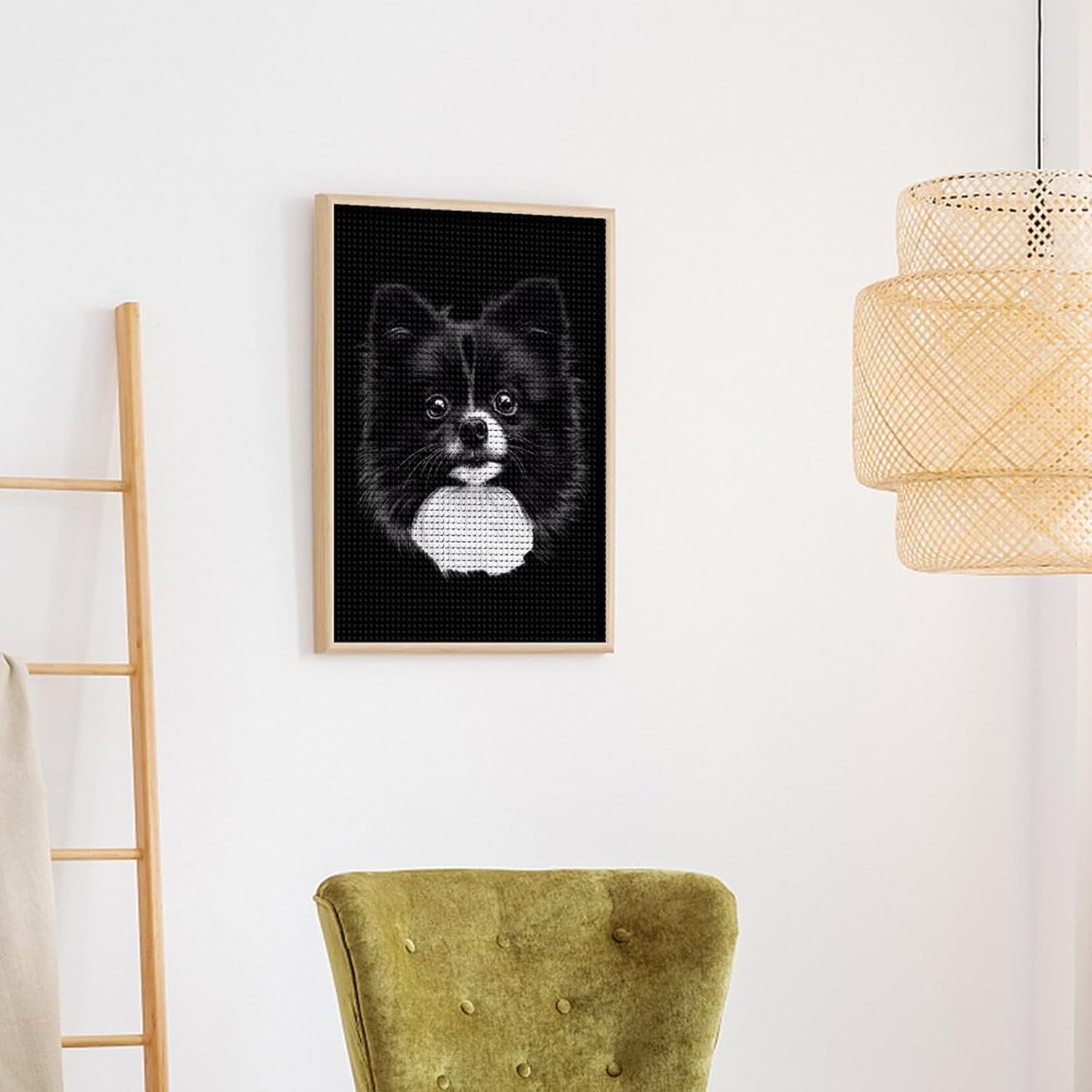 Black and White Pomeranian Dog Round Diamond Painting Kits 5D DIY Full Drill Rhinestone Arts Wall Decor for Adults