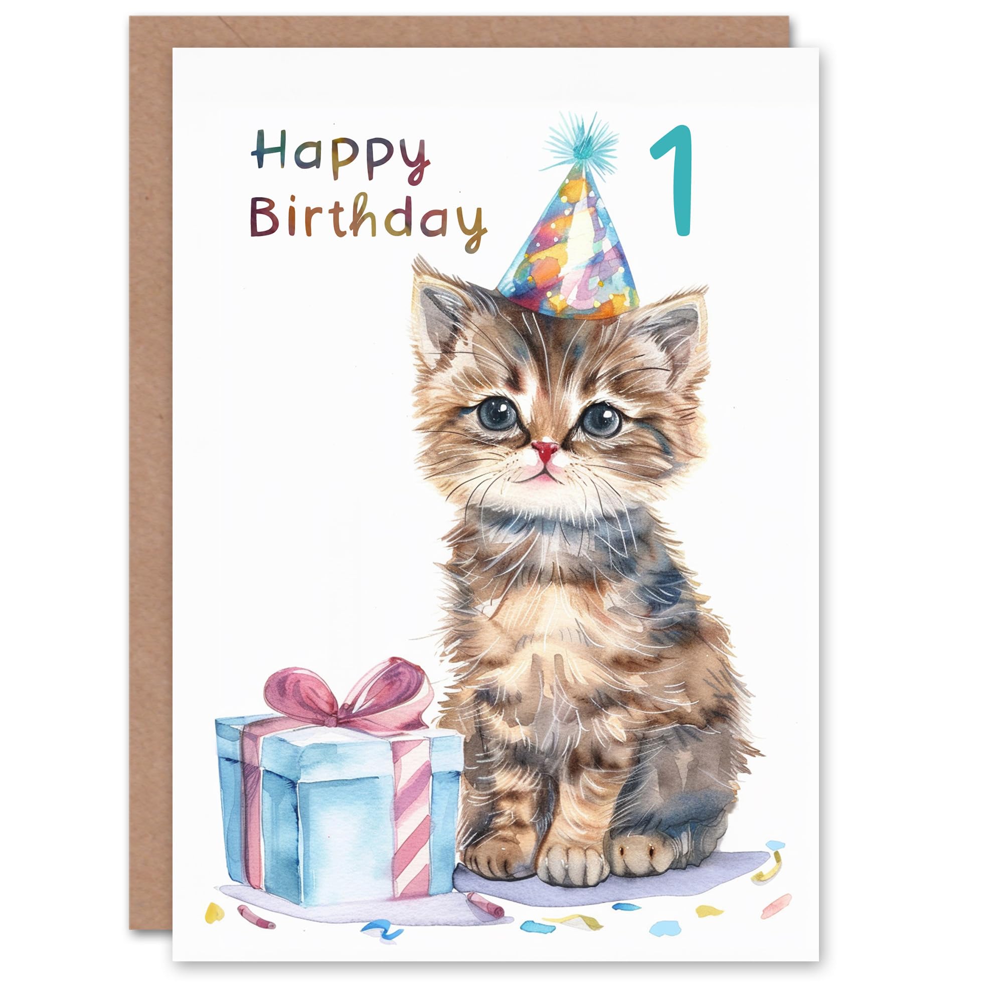 Artery8 1st Birthday Card Cute Baby Cat Kitten Party Hat Kids Age 1 Year Old Child For Son Daughter Girl Boy Happy Card