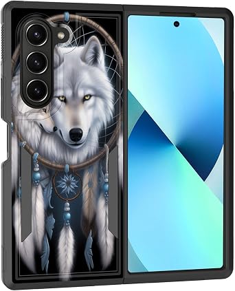 for Galaxy Z Fold 6 Case,Dual Layer Hybrid Heavy Duty Rugged Shockproof Hard PC +Soft Silicone Protective Case for Samsung Galaxy Z Fold 6 2024,Wolf Dreamcatcher