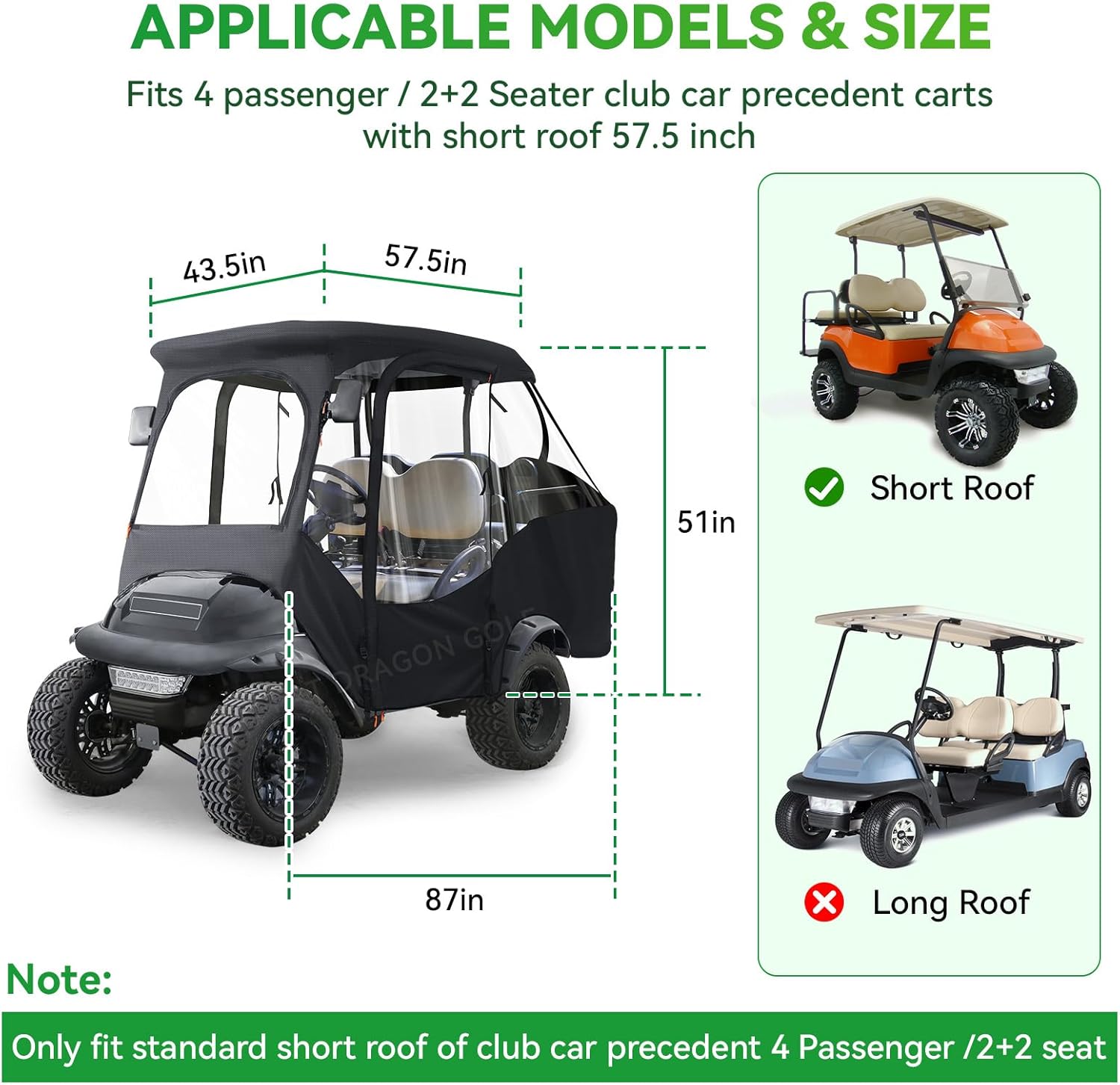 Panglong 4 Passenger Club Car Precedent Enclosure, 600D Polyester Golf Cart Enclosure Cover with 2 Zipper Door and 4 Side Clear Windows, Waterproof Precedent Rain Cover fit Club Car Precedent 2 Seats