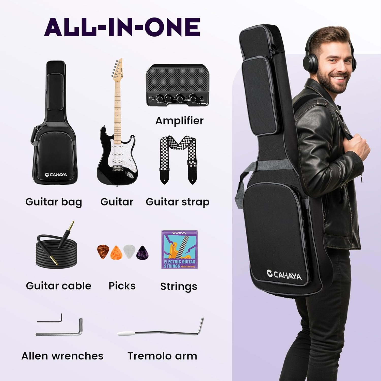 CAHAYA Electric Guitar Set Beginner - 39in Starter Guitar Kit with HSS Pickup Solid Okoume Body Electric Guitar Adults with Amplifier Gig Bag Strap Picks Strings Cable Black