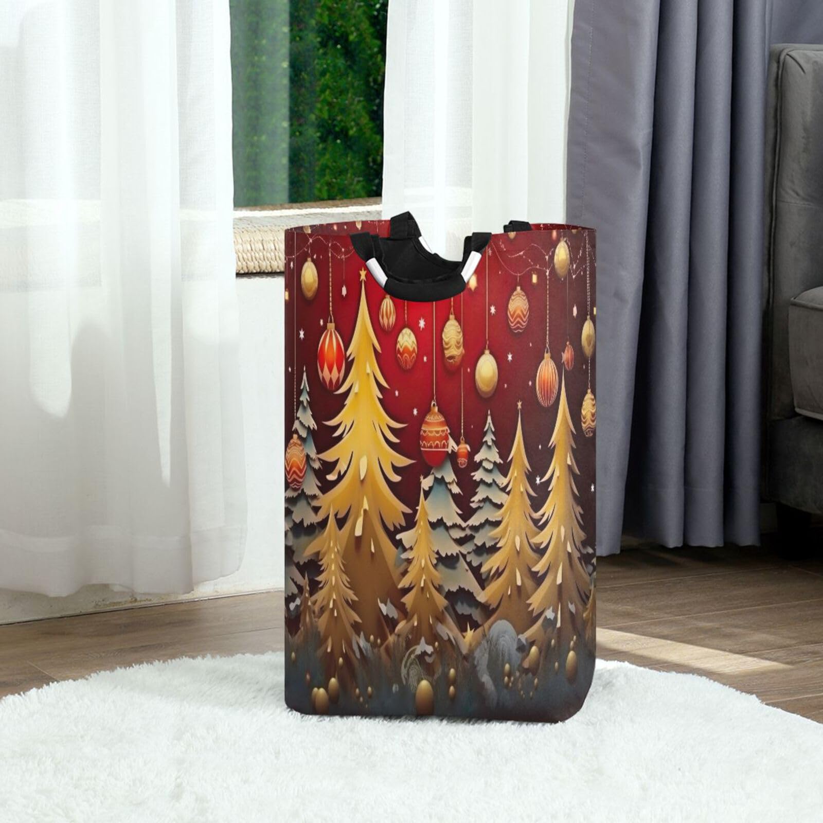 Jihqo Laundry Hamper Basket Beautiful Christmas Trees Collapsible Nursery Storage Bin Waterproof Clothing Baskets for Home Bedroom Bathroom Washing Room