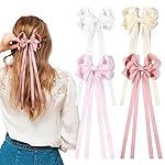 4 PCS Hair Bows Ribbon for Women Hair Clip White Pink Satin Bow with Long Tassel Hair Bow Accessories for Women Girls Toddlers Teens Kids