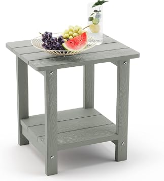 LUE BONA Garden Side Table, 2-Tier HDPS Outdoor Side Table, 73kg Heavy Duty Weather Resistant Small Coffee Table for Adirondack Chair, Patio, Balcony, Garden, Grey