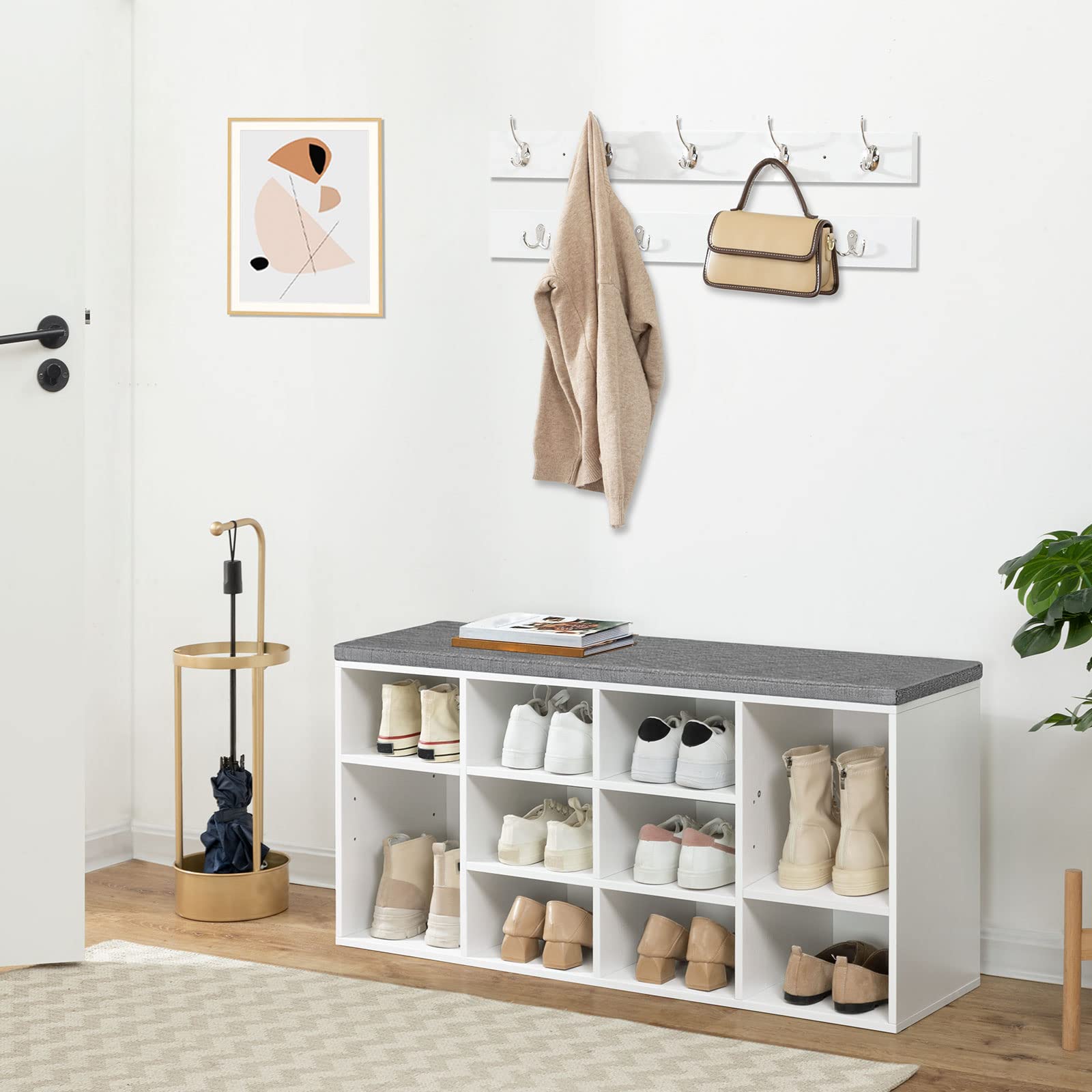 HOOBRO Schuhbank mit 10 Fächern, Schuhregal Set, Schuhregal mit gepolsterter Sitzbank mit Stauraum, Wandgarderobe mit 9 Haken, Schuhschrank für Flur, Eingangsbereich, Schlafzimmer EWT110HX01
