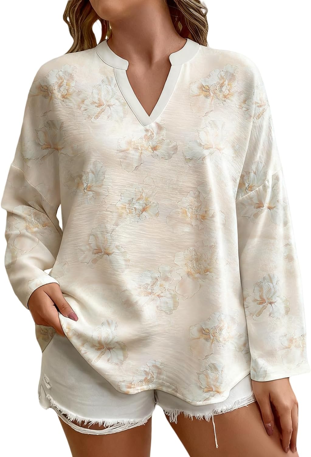 Watercolor Print T Shirt Women V Neck Loose Fit Long Sleeve Soft Breathable Daily Casual Trendy Outfits