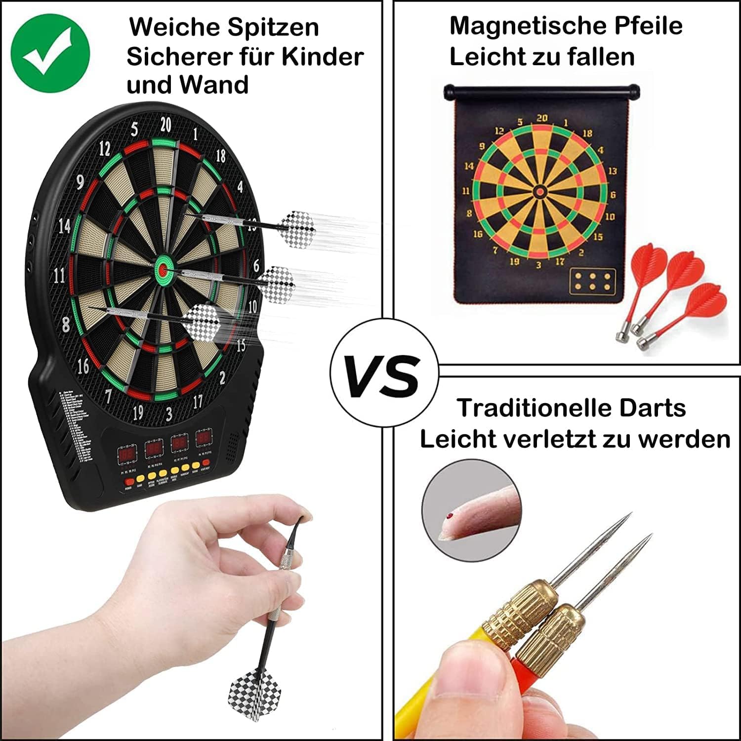 Elektronische Dartscheibe für 1-16 Spieler, E-Dartboards Dartautomat mit 4 LCD-Anzeige und 6 Darts und 24 Pfeilkopf 27 Spiele mit 243 Spieloptionen Profi Elektronik Dartspiel