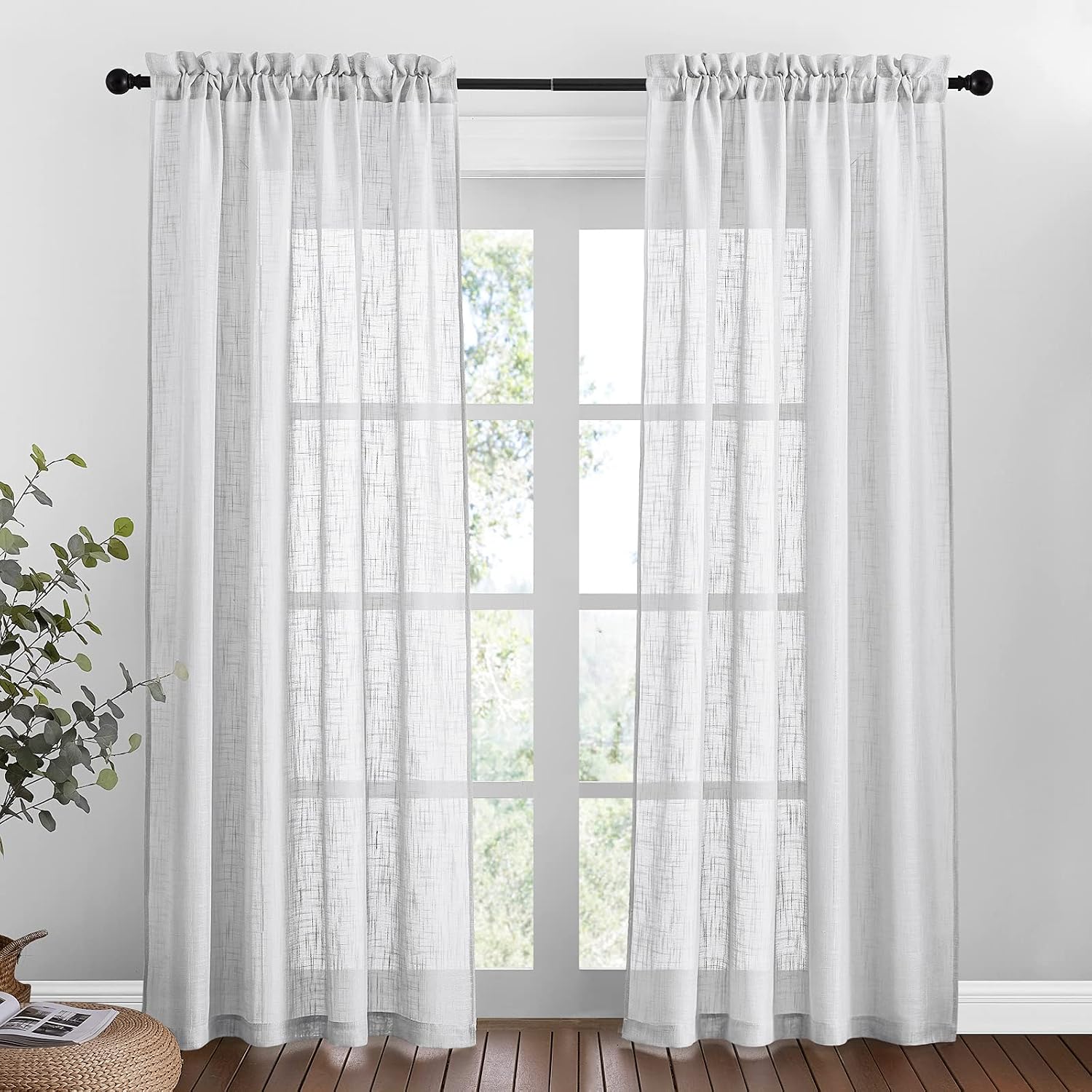 PONY DANCE Bedroom Sheer Voile Curtains, Semi Transparent Privacy Curtains for Sliding Glass Door Faux Linen Sheer Voile