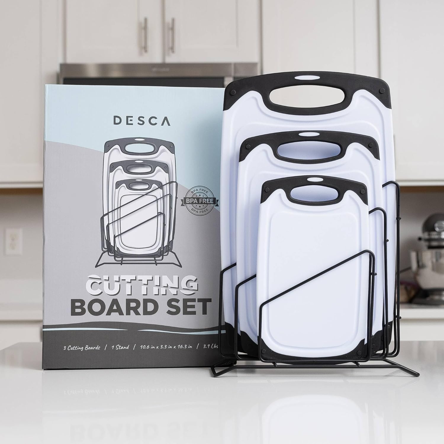 Cutting Boards for Kitchen, Plastic Cutting Board Set of Small to Large Size, Chopping Board with Cutting Board Holder - Non Slip, Groove, Dishwasher Safe, BPA Free - 3 Pack Black/White