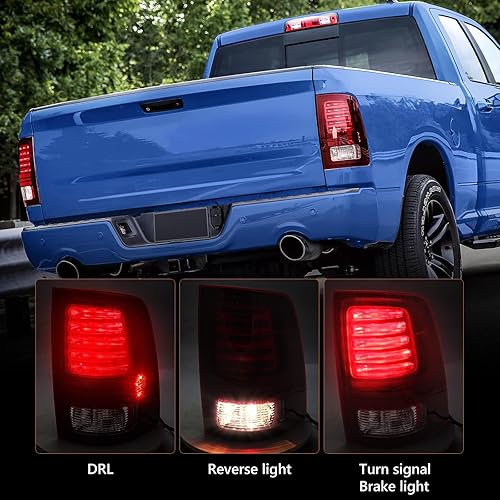 Miniatura 10 de FIONE Conjunto de luces traseras LED para Dodge Ram 1500 2013-2018 y Ram 2500 2013-2018 y Ram 3500 tipo halógeno y lente roja interior negro con