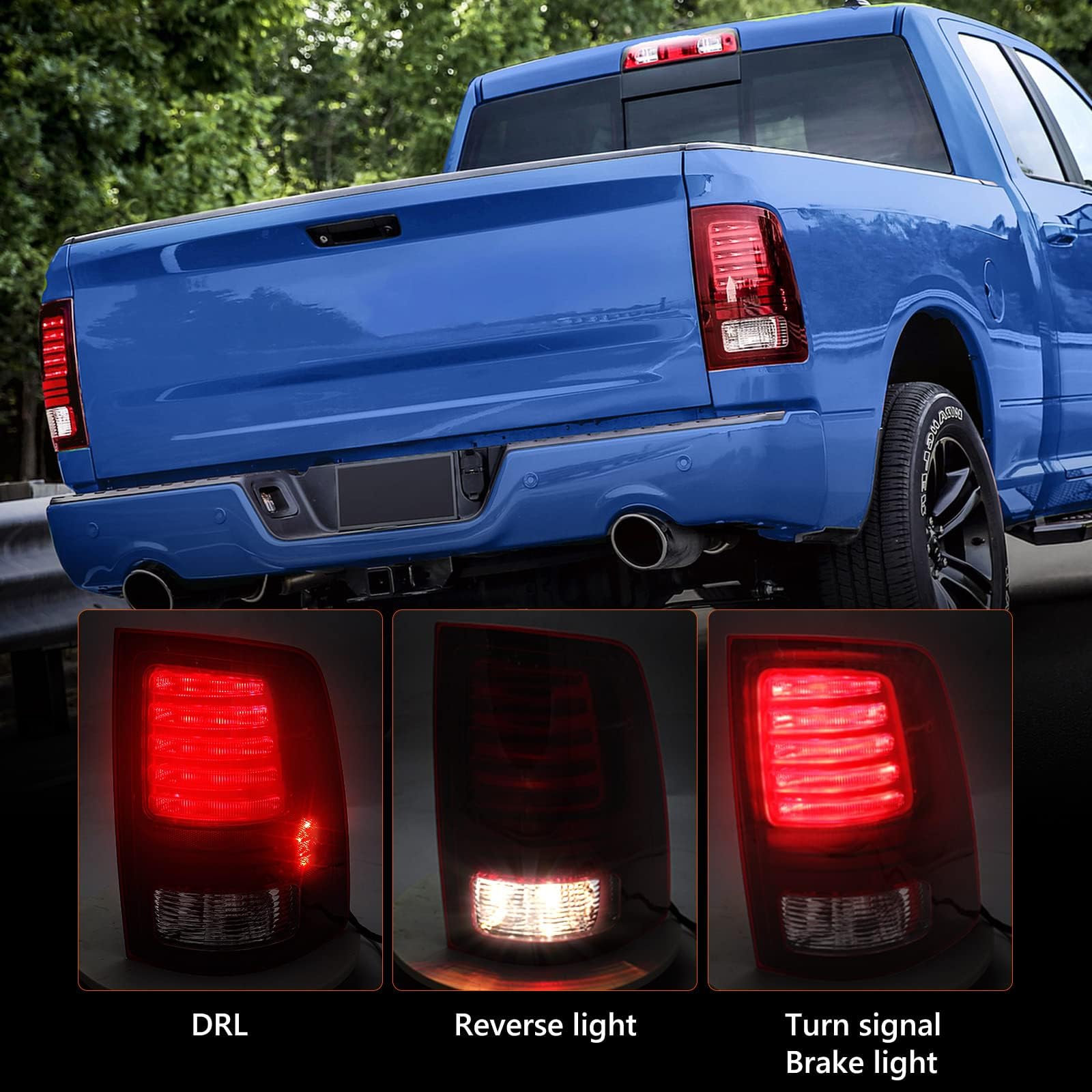 FIONE Tail Lights Compatible with Dodge Ram 1500 2013-2018 & 2013-2018 2500 and 2014-2018 3500 Halogen Type & Red Lens Black Interior With Bulbs Right Passenger+Left Driver Side LH+RH