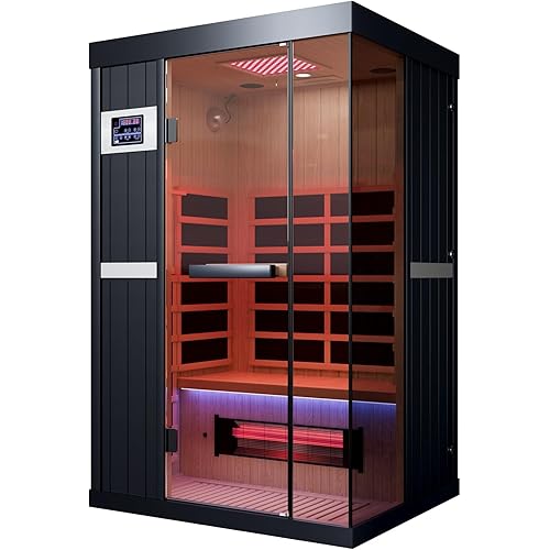 OnxyEdge 2-Person Full Spectrum Sauna with 12 * 12" Red Light Therapy & 2 Built-in Speakers, Indoor Dry Sauna 1990W/120V with Dual LED Controls for Home & Gym – Canadian Hemlock Spa Room (Wood)