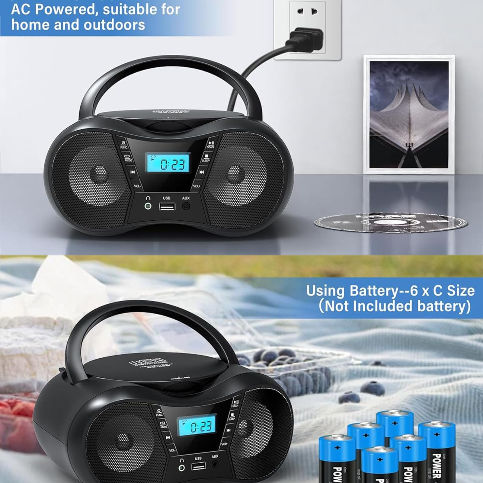 Reproductor de casetes Bluetooth CD Boombox Radio portátil, con asa, Altavoces estéreo duales, Compatible, admite AUX/USB/Auriculares.