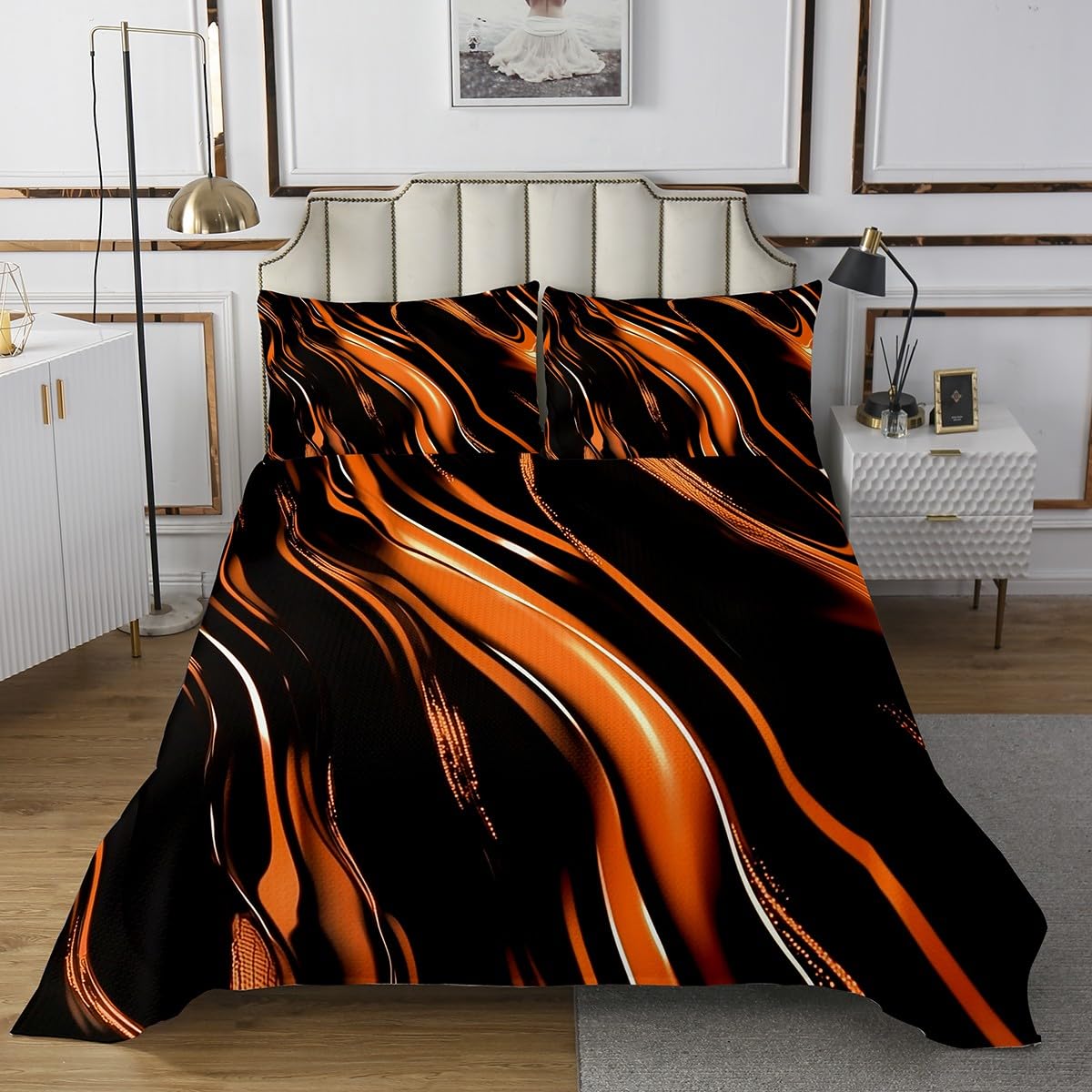 jejeloiu Orange Bedspread King Size Strip Lines Coverlet Set for Kids Geometric Modern Quilted Coverlet