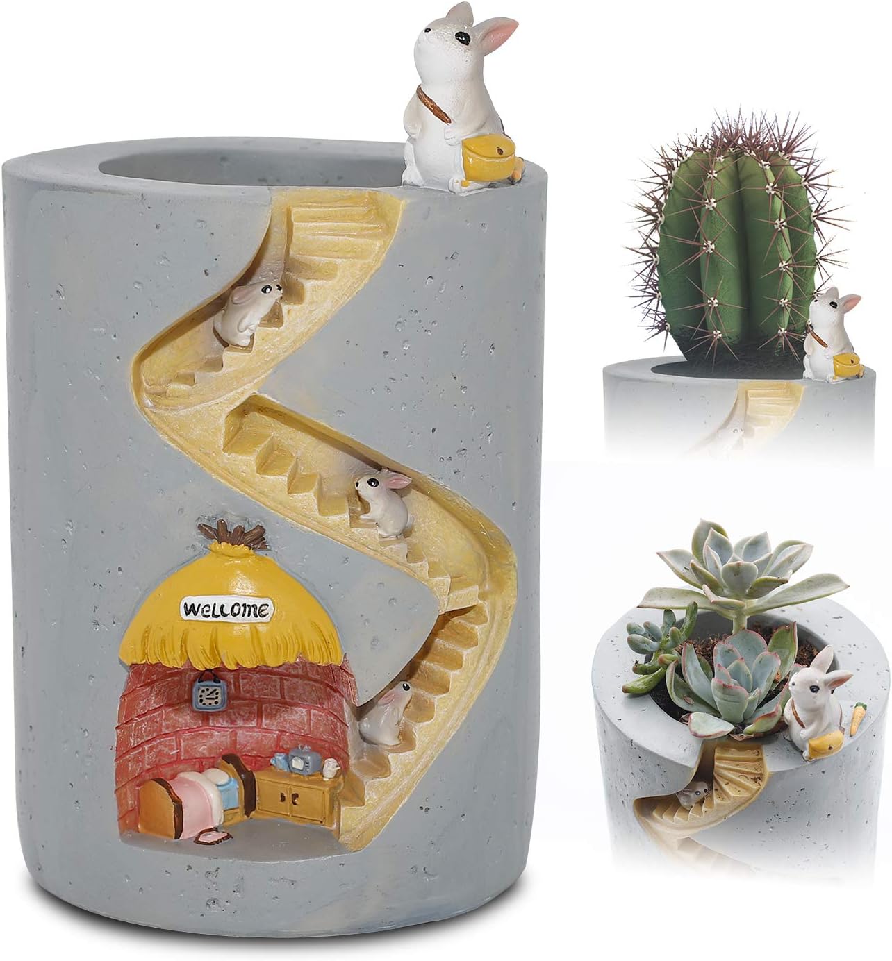 ChasBete Cute Flower Pots Indoor Rabbit Garden Planters Creative Resin Plants Pots/Brush Pot Small Decorative Reusable