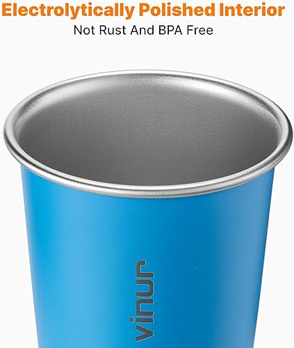 Miniatura 4 de VINUR Vasos de acero inoxidable de 20 onzas, paquete de 4 vasos apilables de metal para viajes, campamento, exteriores (azul cielo, naranja, rosa