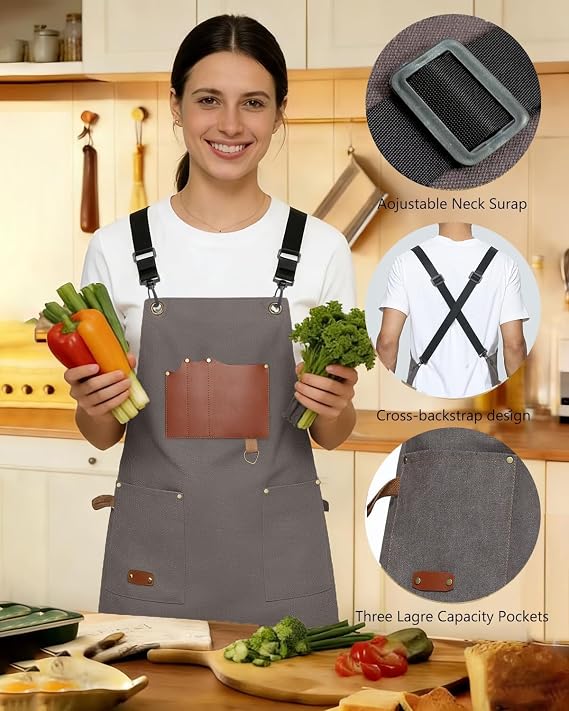 Canvas Cross Back Cooking Apron with Adjustable Shoulder Straps