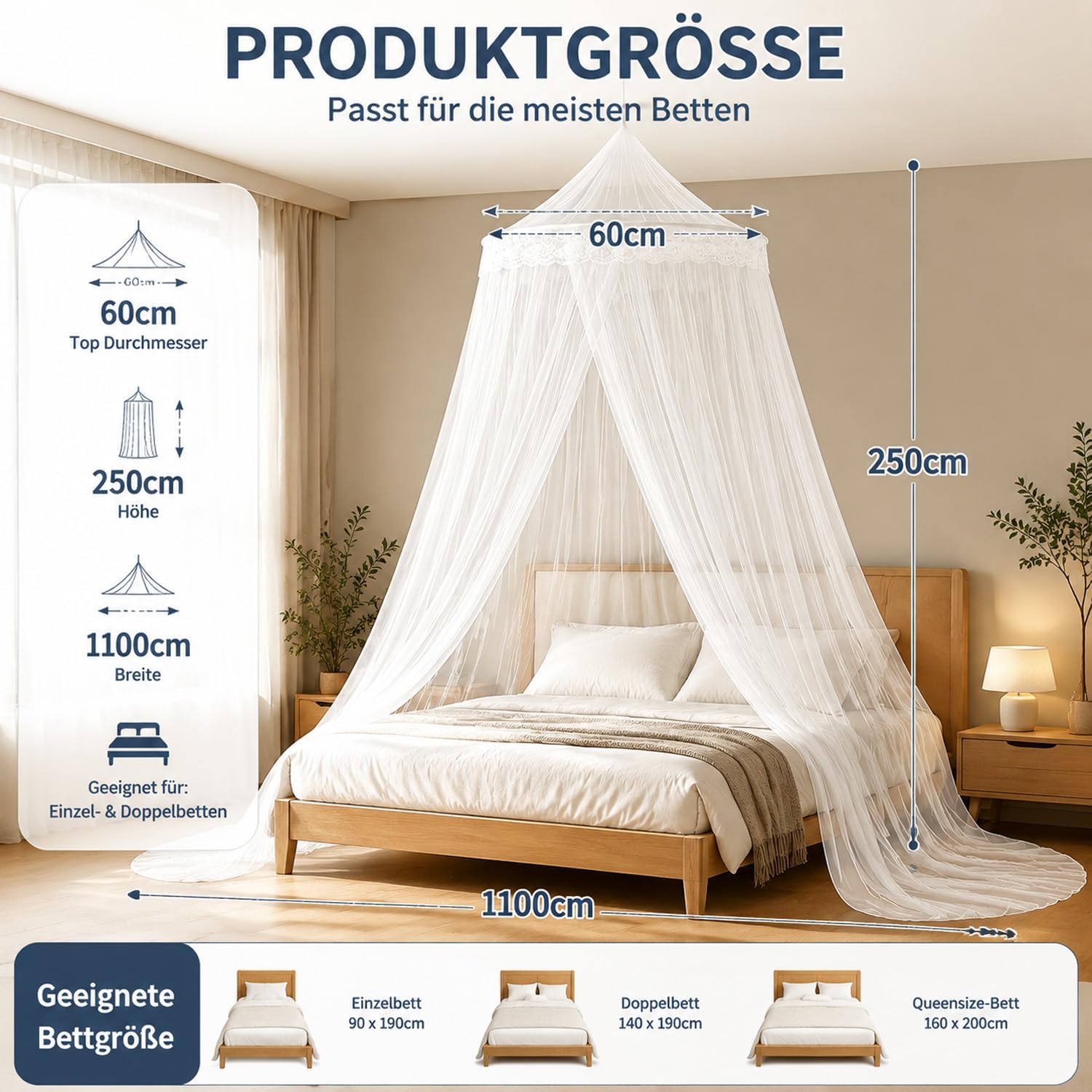 Zanzariera letto Zanzariera Letto Matrimoniale 60 x 250 x 1100cm,per Letto Bimbi/Matrimoniale/Singolo, Facile da Installare con Kit Completo,Protezione dalle Zanzare
