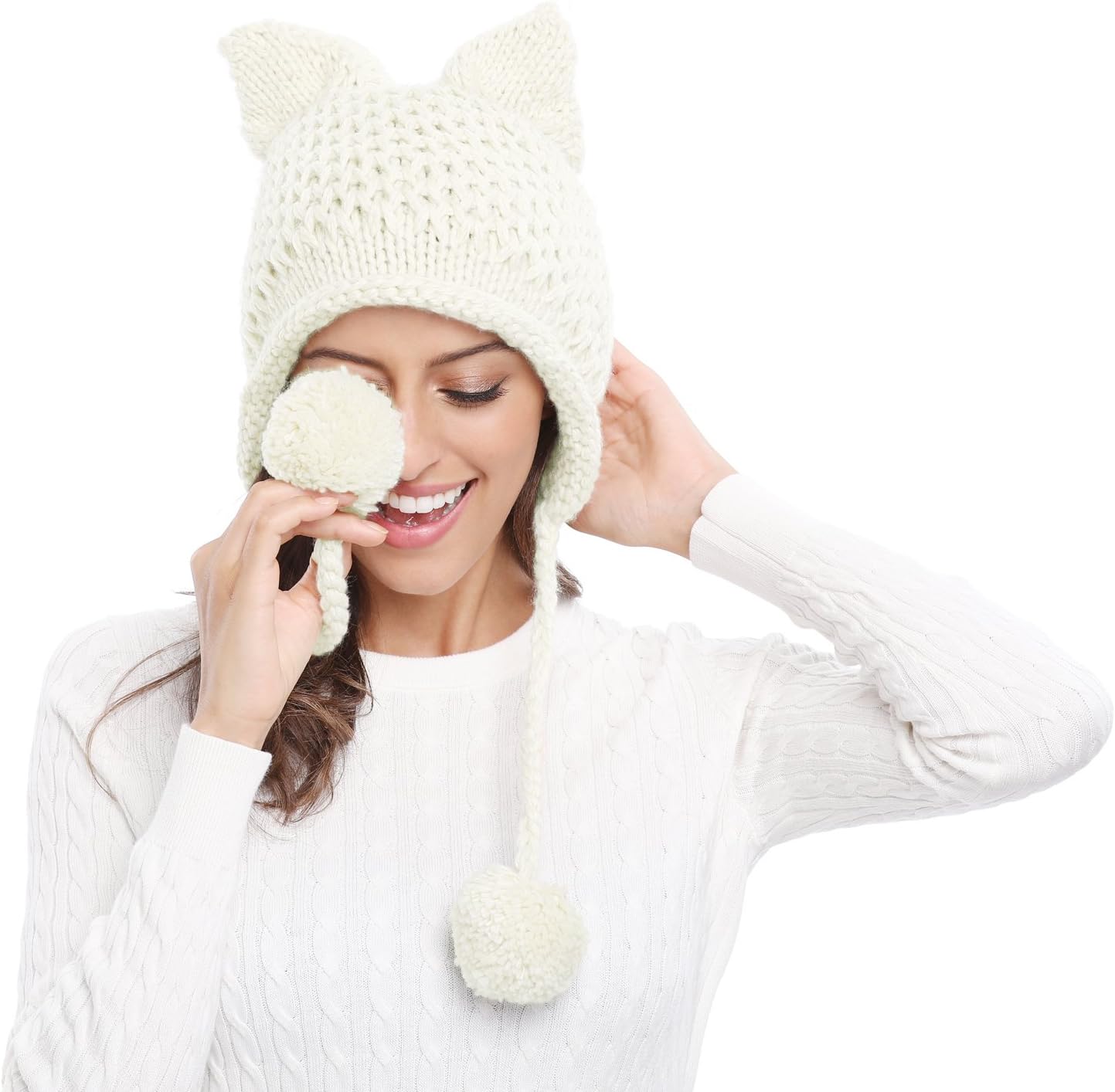 Bellady Winter Cute Cat Ears Knit Hat Ear Flap Crochet Beanie Hat - Image 2