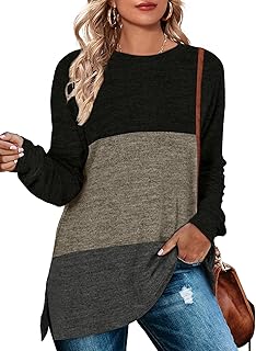Womens Fall Long Sleeve Color Block Tunic Tops Casual Crewneck Sweatshirts