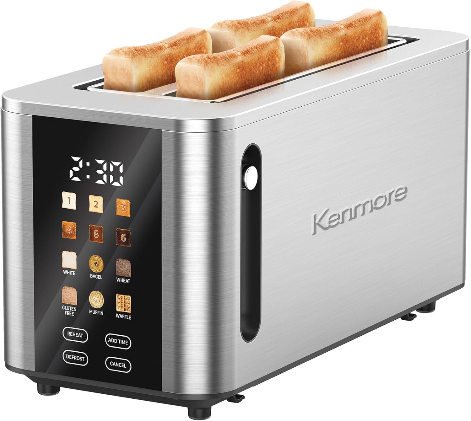 Kenmore 4-Slice Digital Touchscreen Toaster - 1400W Stainless Steel, Wide Slots 6 Shade Settings, Bread Presets, Countdown Timer, Reheat & Defrost Functions Compact Countertop Design tostadora digital