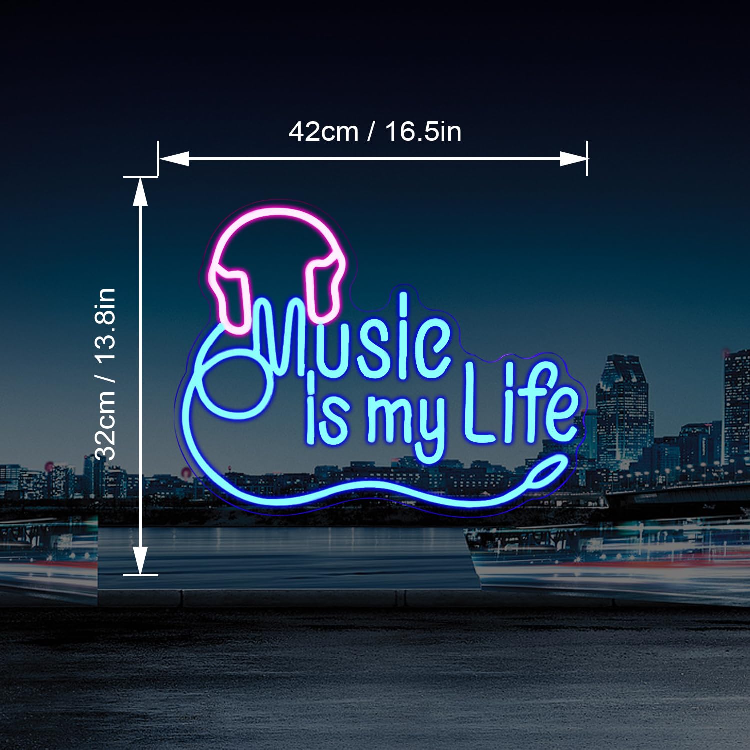 Looklight Music Is My Life Neonowy znak świetlny do dekoracji ścian, możliwość przyciemniania, różowe, niebieskie neonowe znaki LED ze słuchawkami do sypialni, studia muzycznego, klubu barowego i