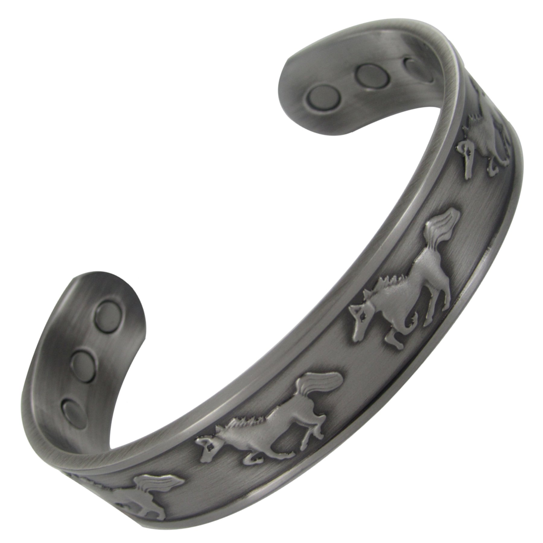 Stargems® PURE COPPER MAGNETIC BRACELET BANGLE PEWTER GREY HORSE DESIGN 6 MAGNETS Cuff Wrist Band for Women Ladies or Mens -VELVET GIFT POUCH!