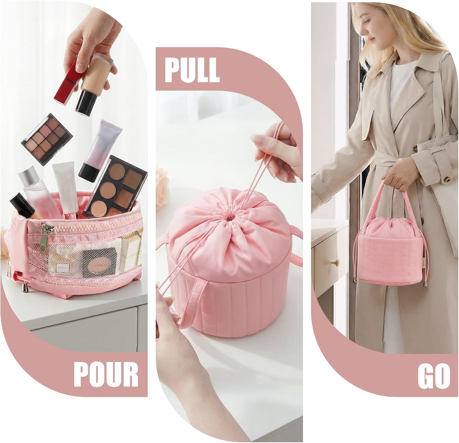 Vavabox Barrel Drawstring Makeup Bag Organizer - Large Travel Toiletry Bag with Zipper Compartments, Luxury Quilted Cosmetic Case for Women | Portable Vanity for Vacation, Work, Gift (Pink)