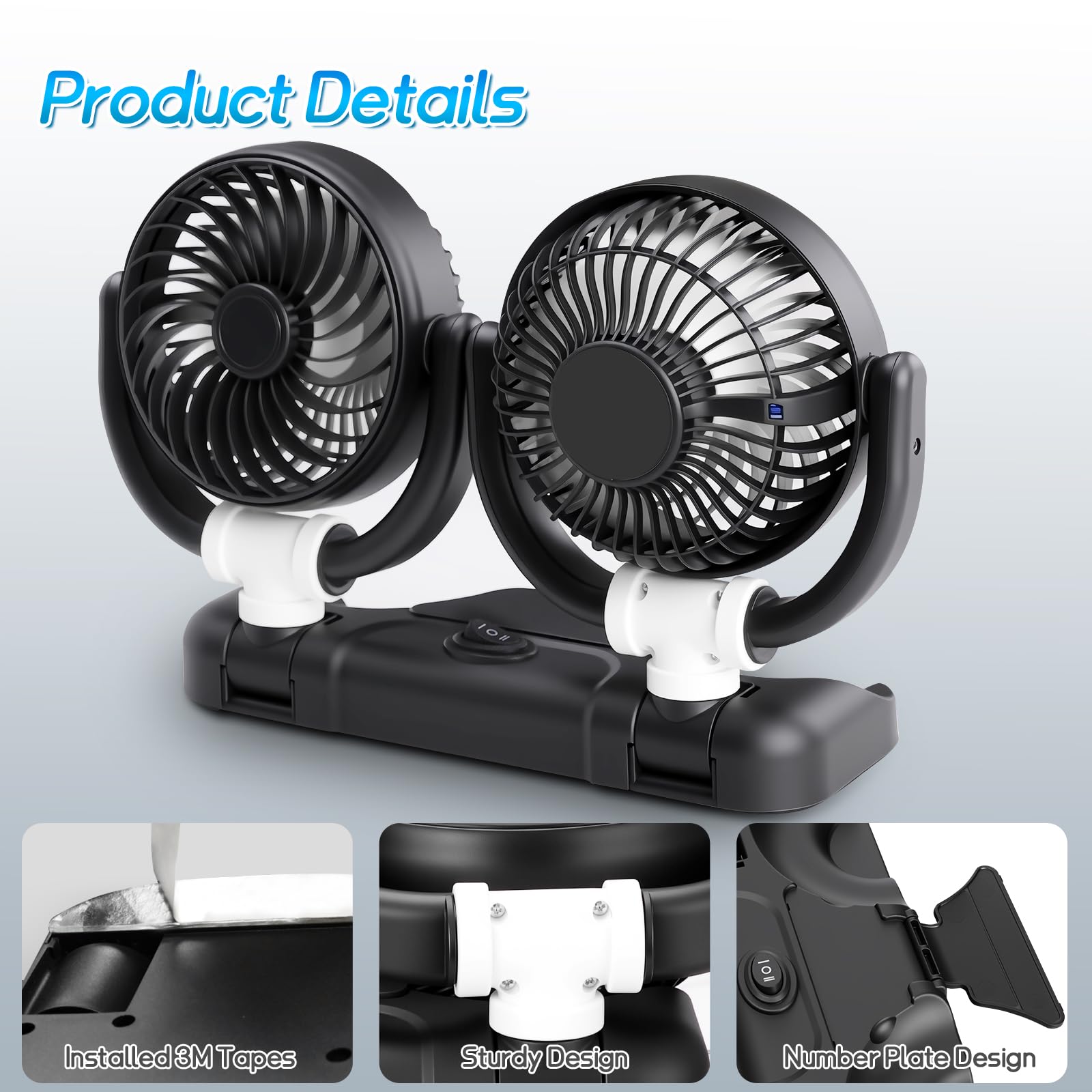D-Lumina Ventilatore per auto, girevole a 360°, doppia testa, 12 V, con USB, 2 velocità, aria condizionata, per SUV, camper, ATV, barca, auto, targa con adesivo gratuito