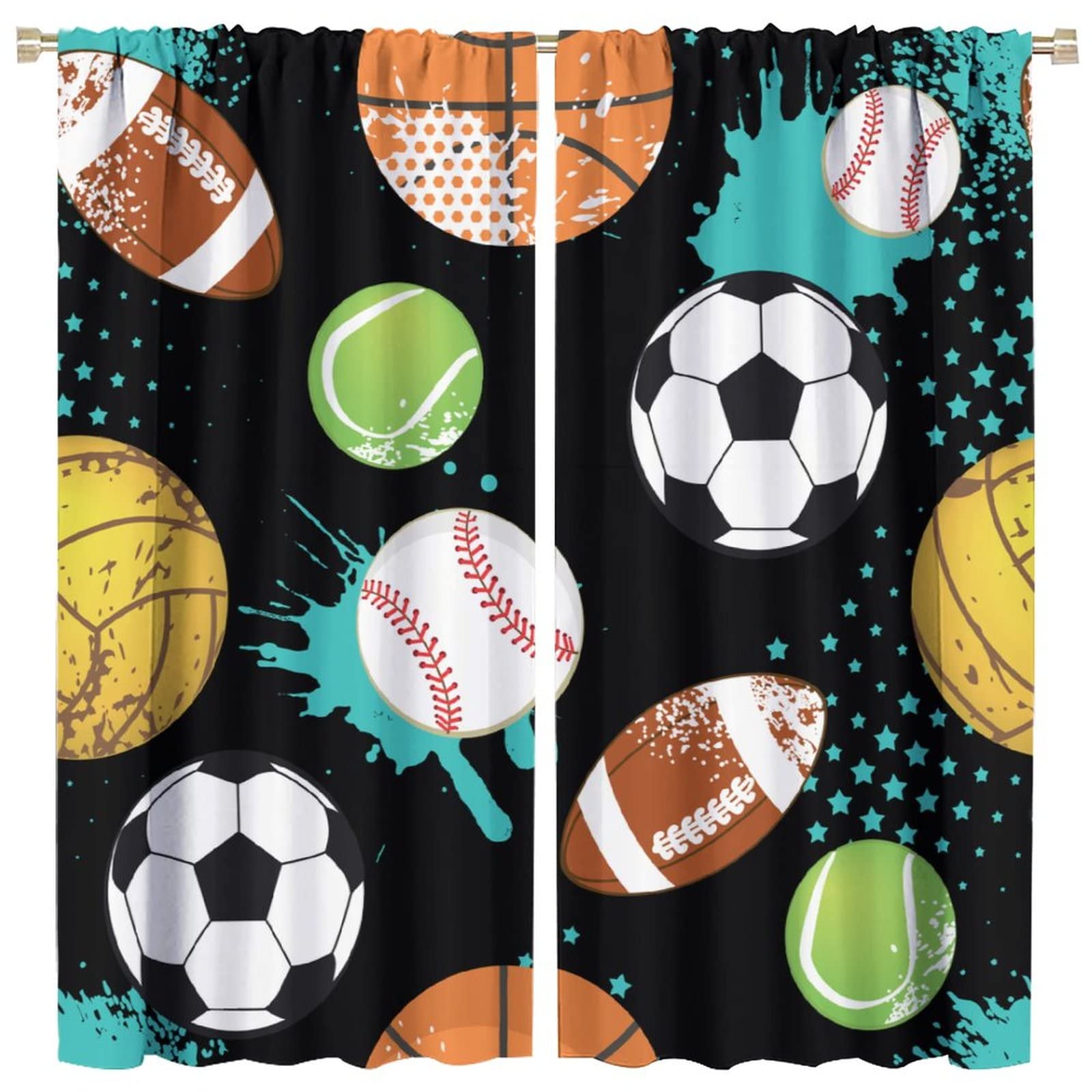JESTRONRY Sport Window Curtains,Abstract Basketball Football Soccer Rugby Baseball Sports Theme Home Fabric Living Room Kids Boys Girls Teens Bedroom Home Decor Blackout Drapes W42xL45in