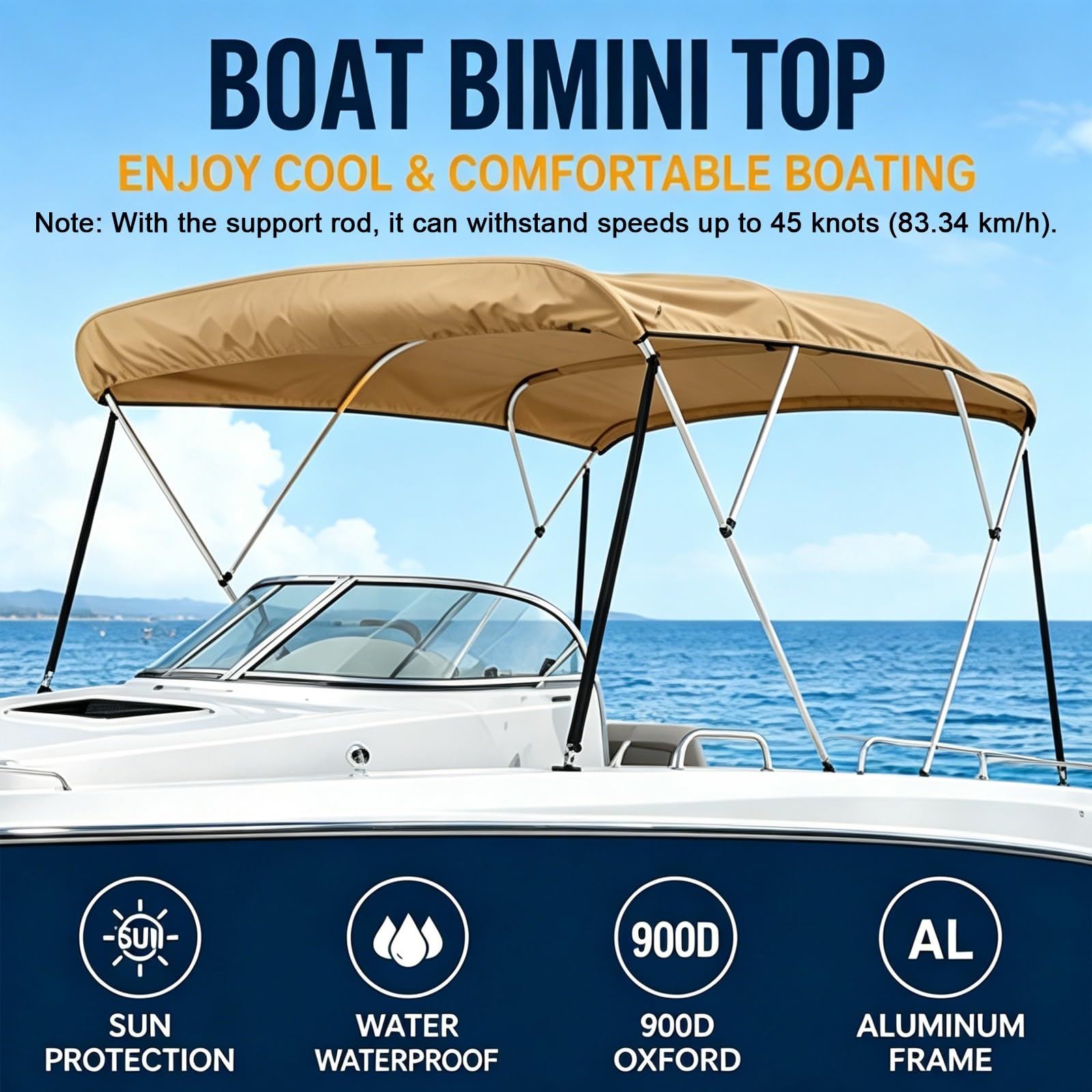 Tendalino Barca 4 Archi, Tendalino Bimini per Imbarcazione, Struttura in Alluminio, Tessuto Oxford 900D, con Custodia, 2 Pali di Supporto Posteriori e 2 Cinghie(230-260cm/90-102in)