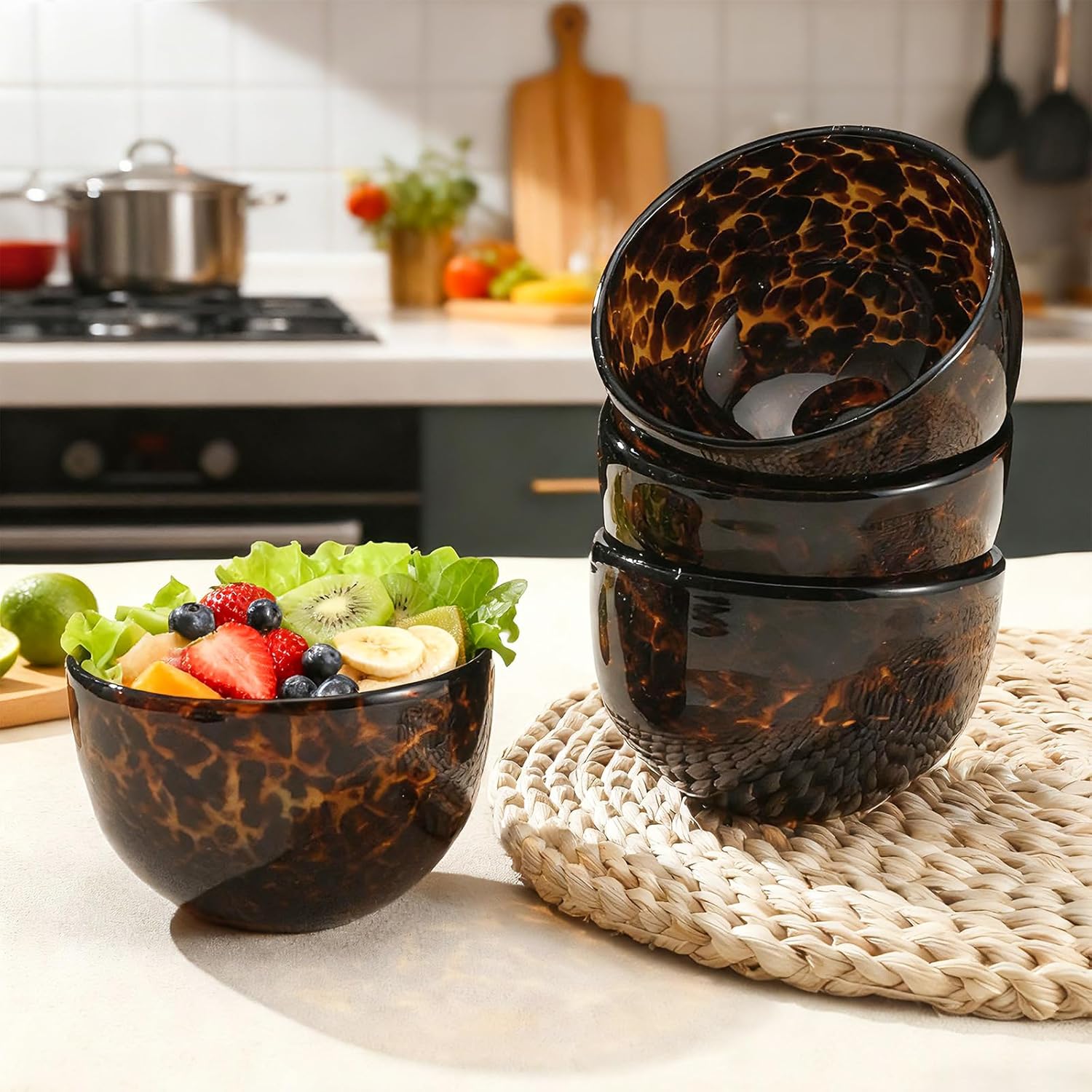 4 Pack 4 Inch Tortoise Print Glass Bowl (Hand Wash Only) Snack Bowl for Kitchen Tableware and Accessories Soup Salad, Pasta, Oatmeal, Fruit