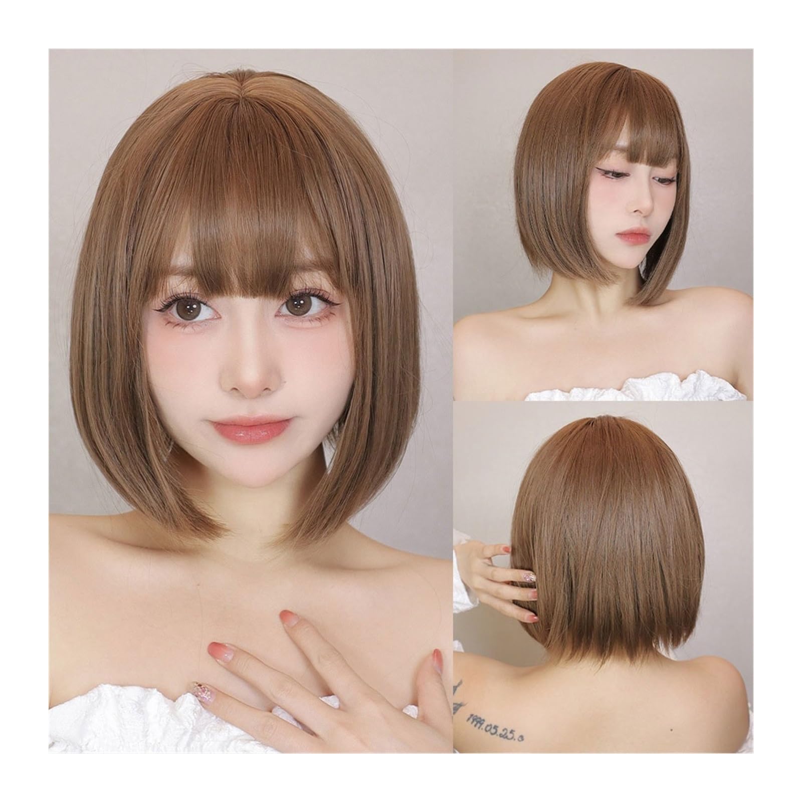 Perruque Synthétique Femme Courte Avec Frange - Brun Doré Clair Dégradé - Bonnet Moyen Monofilament
