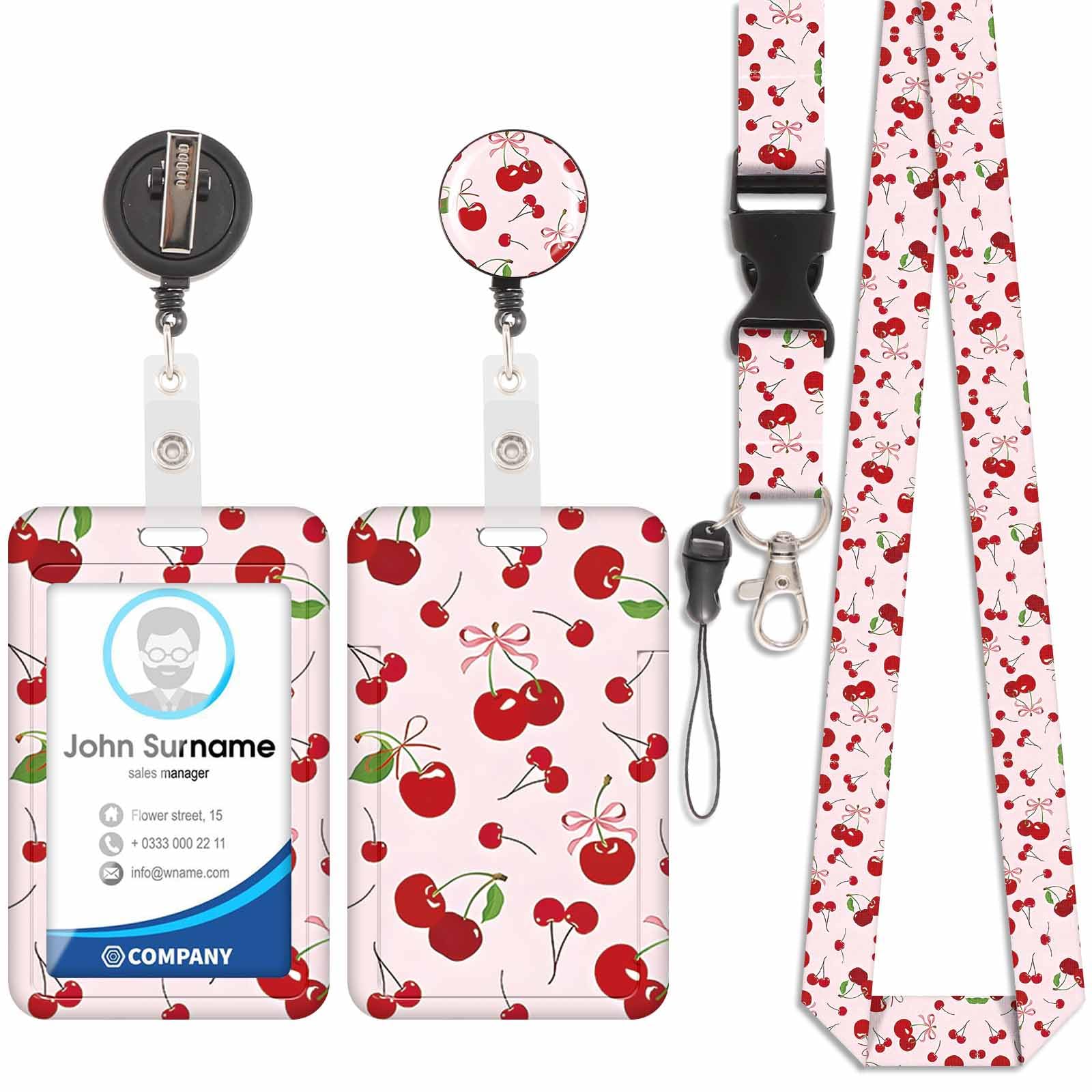 Badge Holder with Lanyard, ID Badge Holders with Detachable Cute Lanyard, Retractable Badge Reel Carabiner Clip, Personalized Vertical Card Cover Case Protector for Nurse Teacher Student (Cherry-3)