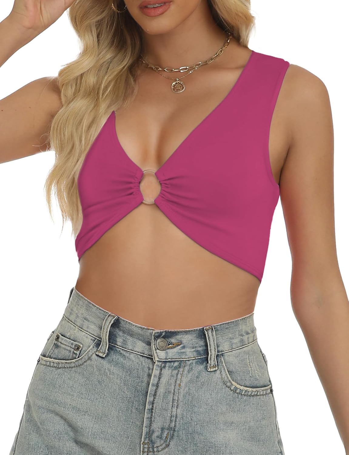 AURUZA Crop Tops for Women Sexy Sleeveless Deep V Neck Cropped Tank Top Y2K Plunge Ring Cleavage Crop Top Going Out Tops - Image 6