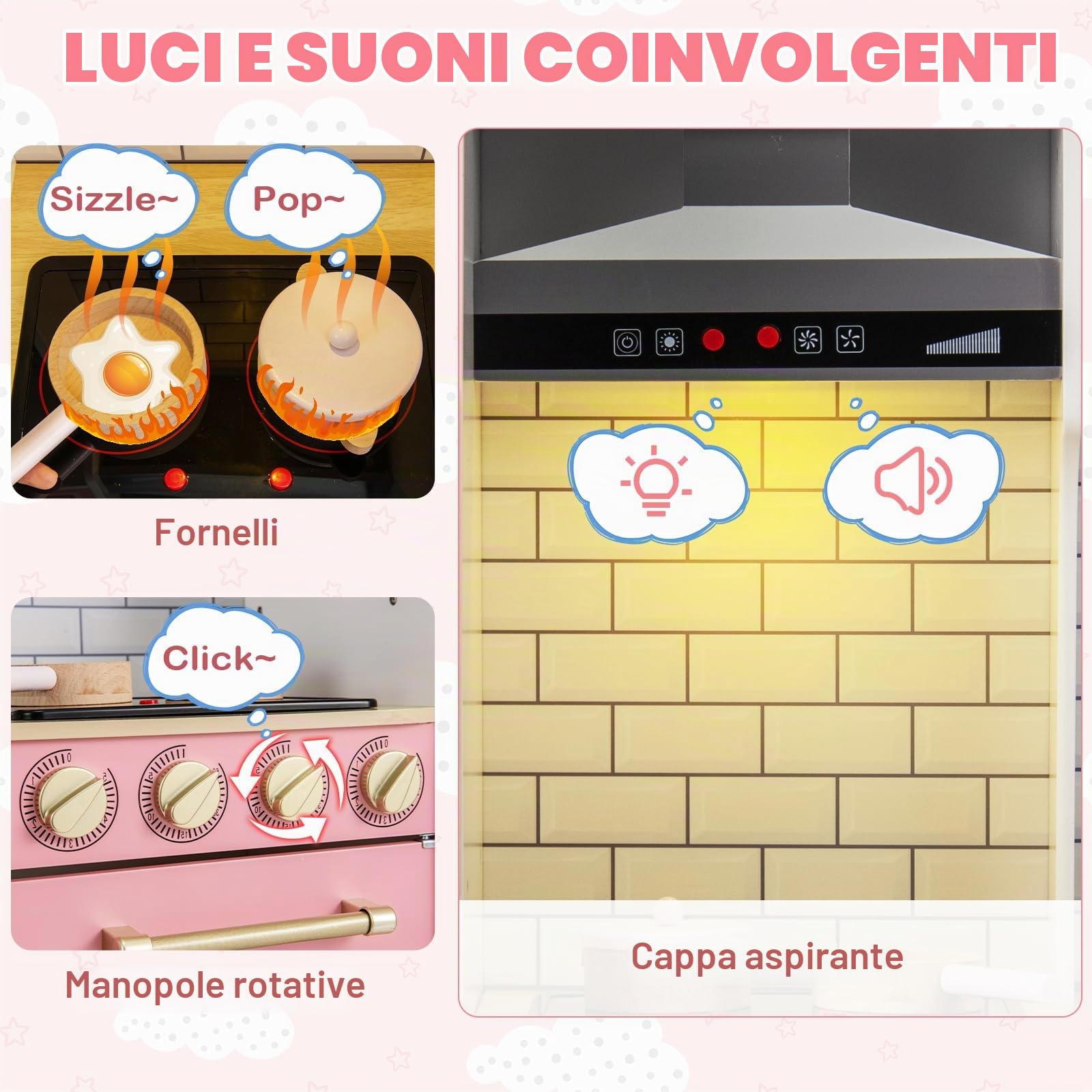 HOMASIS Cucina Giocattolo per Bambini in Legno, Cucina Bambina con Macchina per Fare Gelati, Set da Cucinetta con Luci e Suoni per Bambini dai 3+ Anni, 92x30x98cm (Rosa)