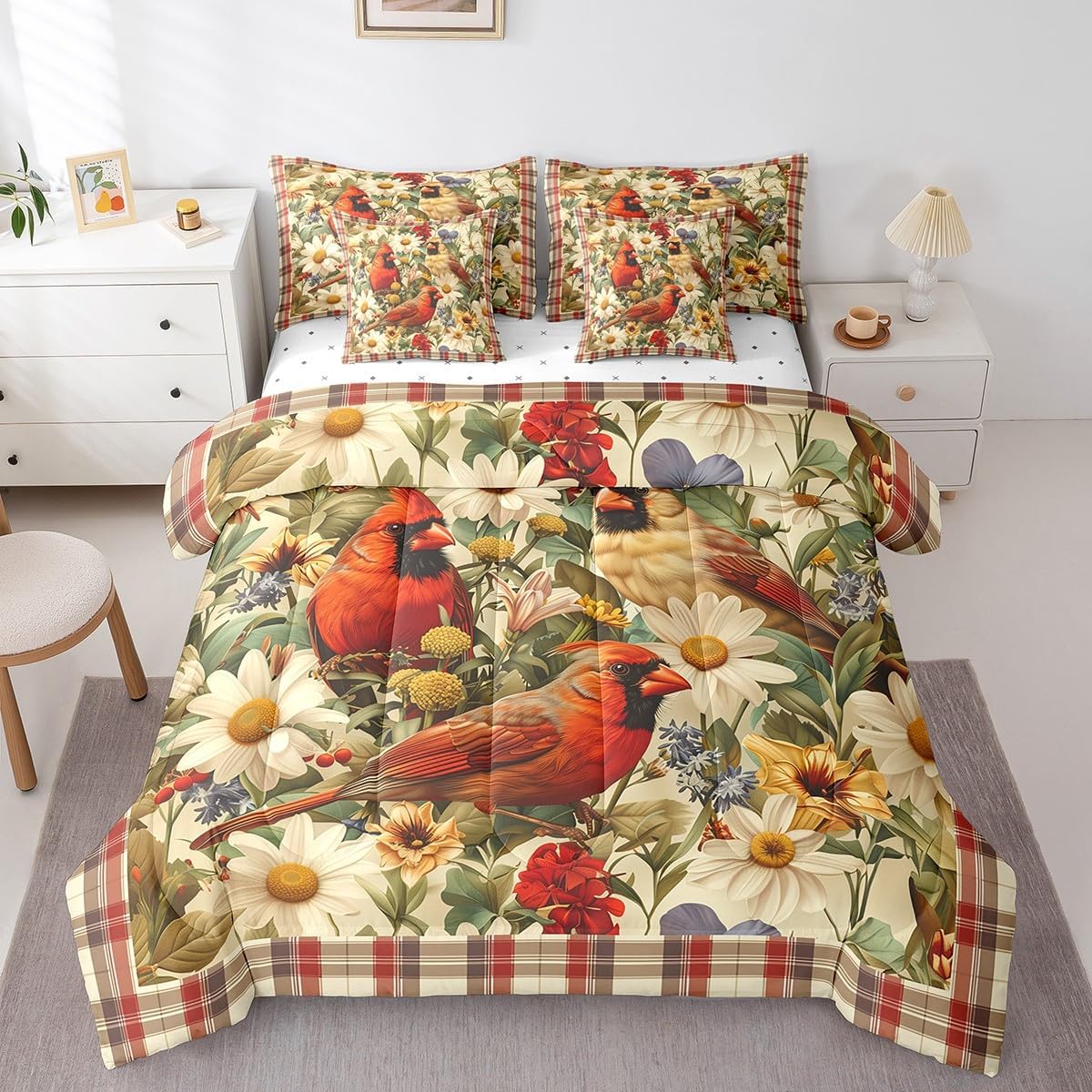 Erosebridal Red Cardinal Comforter Set Wild Animals Floral Bed in A Bag Vintage Geometric Plaid Bedding Sets 7 Pcs Full(1 Comforter,2 Pillowcases,1 Flat Sheet,1 Fitted Sheet,2 Throw Pillow Covers)