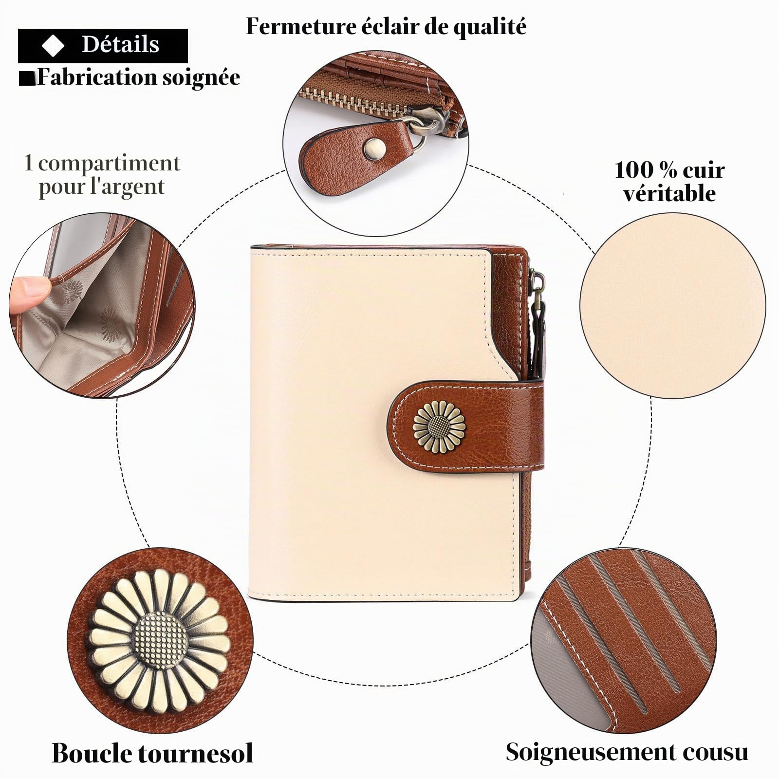 SENDEFN Portefeuille Femme Cuir Véritable en Format Court Portefeuille Femmes RFID Blocage, 16 emplacements pour Cartes y Compris 2 fenêtre d'identification et 1 Poche à Fermeture éclair
