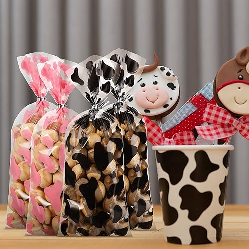 Miniatura 5 de 100 bolsas de regalo con estampado de vaca, regalos de fiesta, bolsas de regalo de celofán con lazos giratorios para baby shower, vaquera,