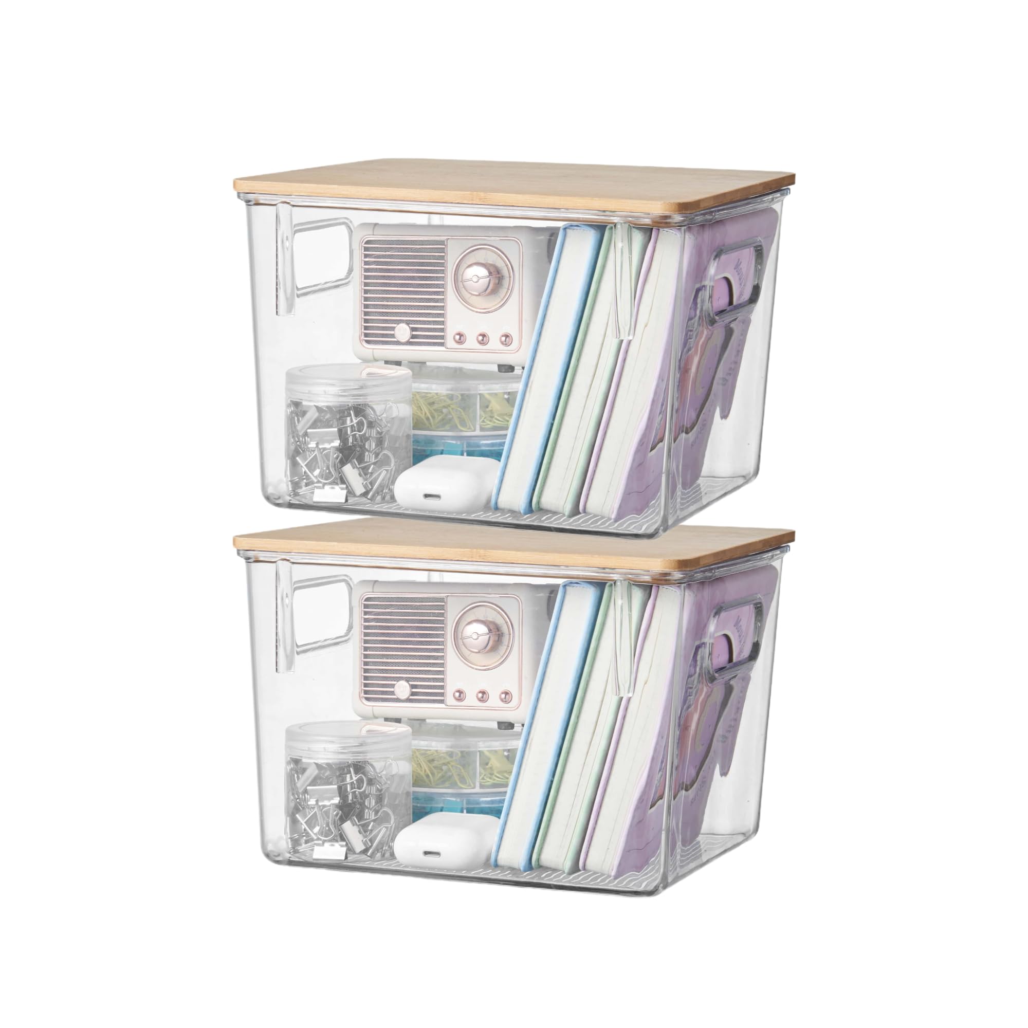 Eden & Willow Clear Plastic Storage Box with Bamboo Lid and Handles | Shelf Organiser Container with Lid for Home, Kitchen and Bathroom Organisation (Small, Set of 2)