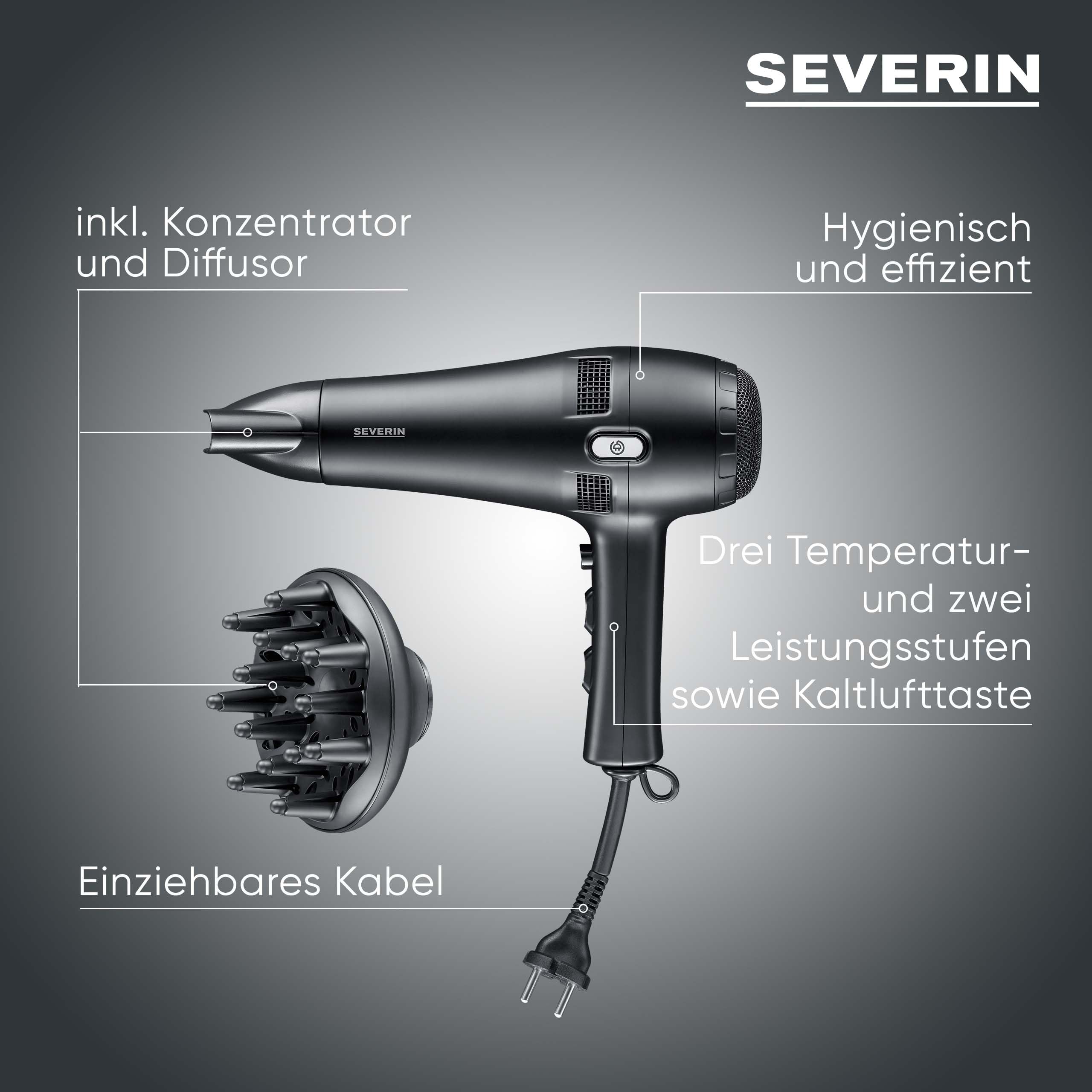 Severin Haartrockner mit Kabeleinzug, leistungsstarker Föhn mit Kaltlufttaste, inkl. Diffusor und Düse, 3 Heiz- & 2 Leistungsstufen, 1,8m Kabel, 2.100 Watt, schwarz, HT 0165