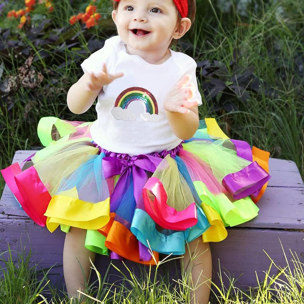 JOINSI Girls Kids Rainbow T-Shirt and Colorful Ballet Tutu Skirt & Hair Bows with Beaded Bracelet Set: Clothing, Shoes & Jewelry