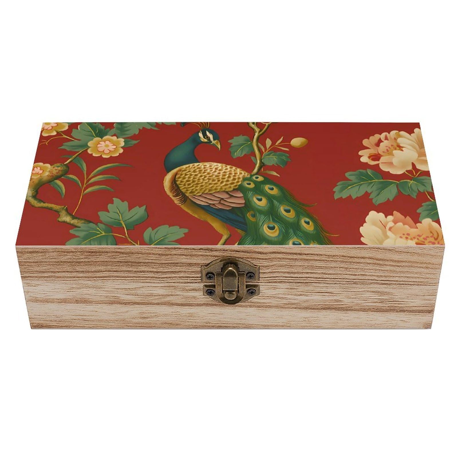 HLBSDM Chinoiserie Style Peacock on Floral Branch Retro Wooden Storage Box Jewelry Art Gift Boxs Decorative Keepsake Boxes