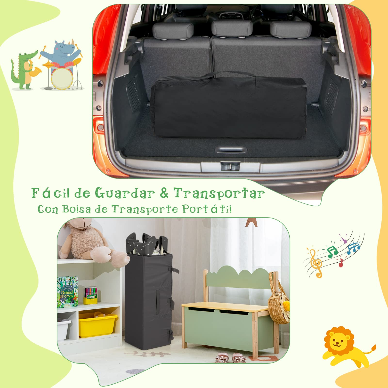 COSTWAY 4 en 1 Cuna de Viaje Plegable para Bebé con Colchón Cambiador, Parque Infantil Cuna Bebe con 3 Juguetes, Caja de Música y Bolsa de Transporte, Cuna Bebe con Colecho (Gris Oscuro)