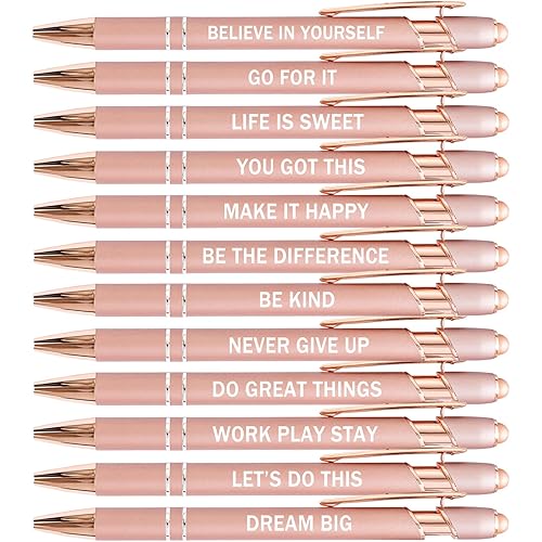 PASISIBICK 12 Pieces Rose Gold Inspirational Motivational Quotes Snarky Screen Touch Stylus Ballpoint Pens, Office Encouraging Scriptures, Black Ink (Rose Gold,Motivational)