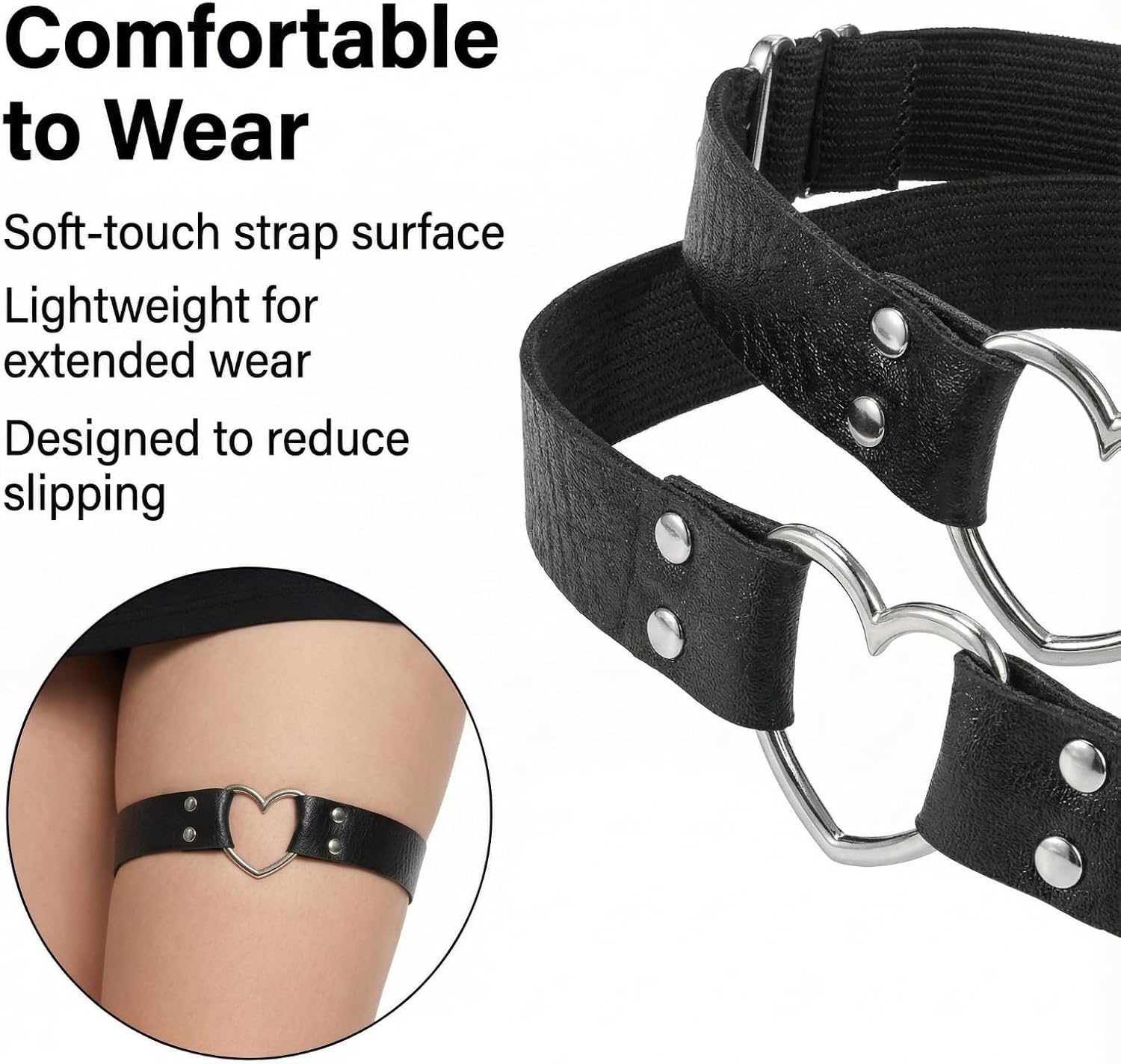 2Pcs Adjustable Heart Garter Belt, PU Leather Thigh Straps with Zinc Alloy Clips, Elastic Leg Garters for Women Cosplay Parties Music Festivals
