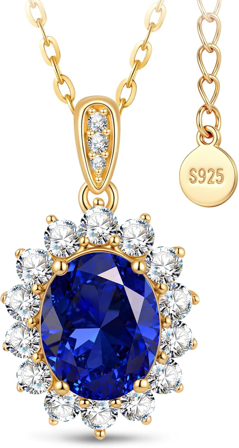 GONA 4CT Lab Grown Royal Blue Sapphire Necklace for Women, Princess Diana Inspired Design, 925 Sterling Silver Chain, GRC Certified, Hypoallergenic Eco-Friendly Jewelry, Ideal Gift for Her